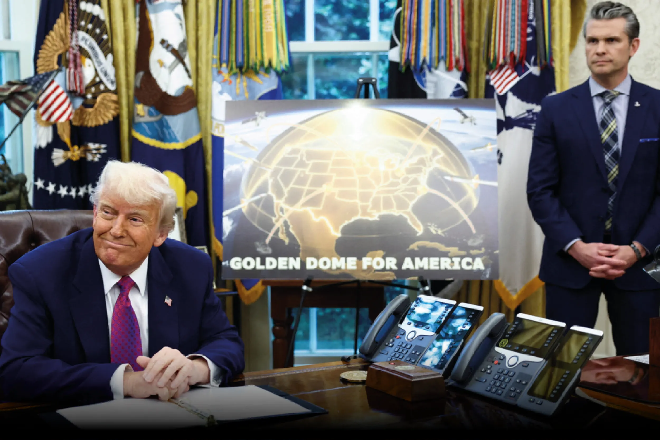 Donald Trump durante el anuncio oficial del sistema de defensa “cúpula dorada” en la Casa Blanca, junto al secretario de Defensa Pete Hegseth.