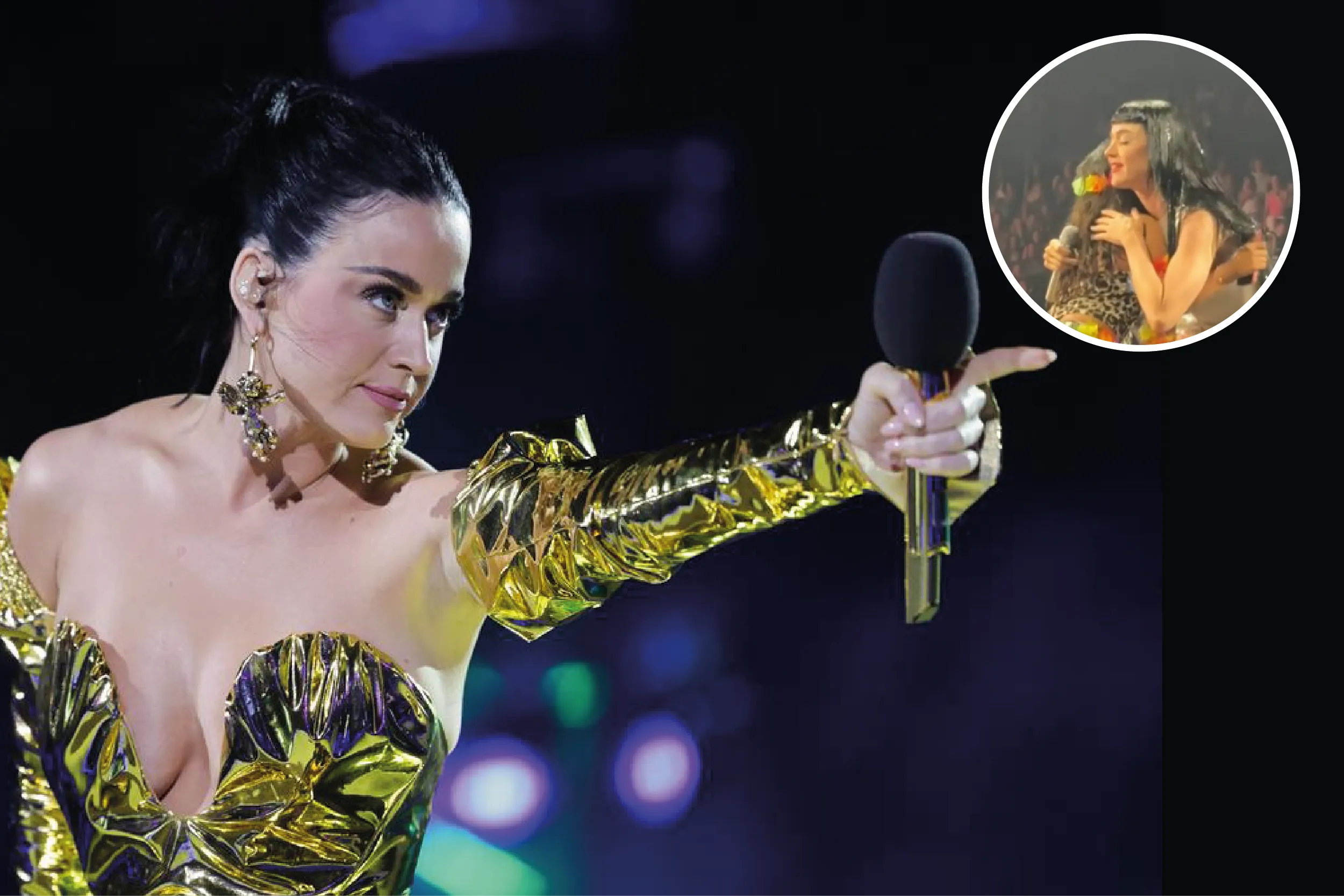 Katy Perry y una pequeña mexicana en escena, durante el emotivo momento en que la cantante la anima a decir fuerte su origen cultural.