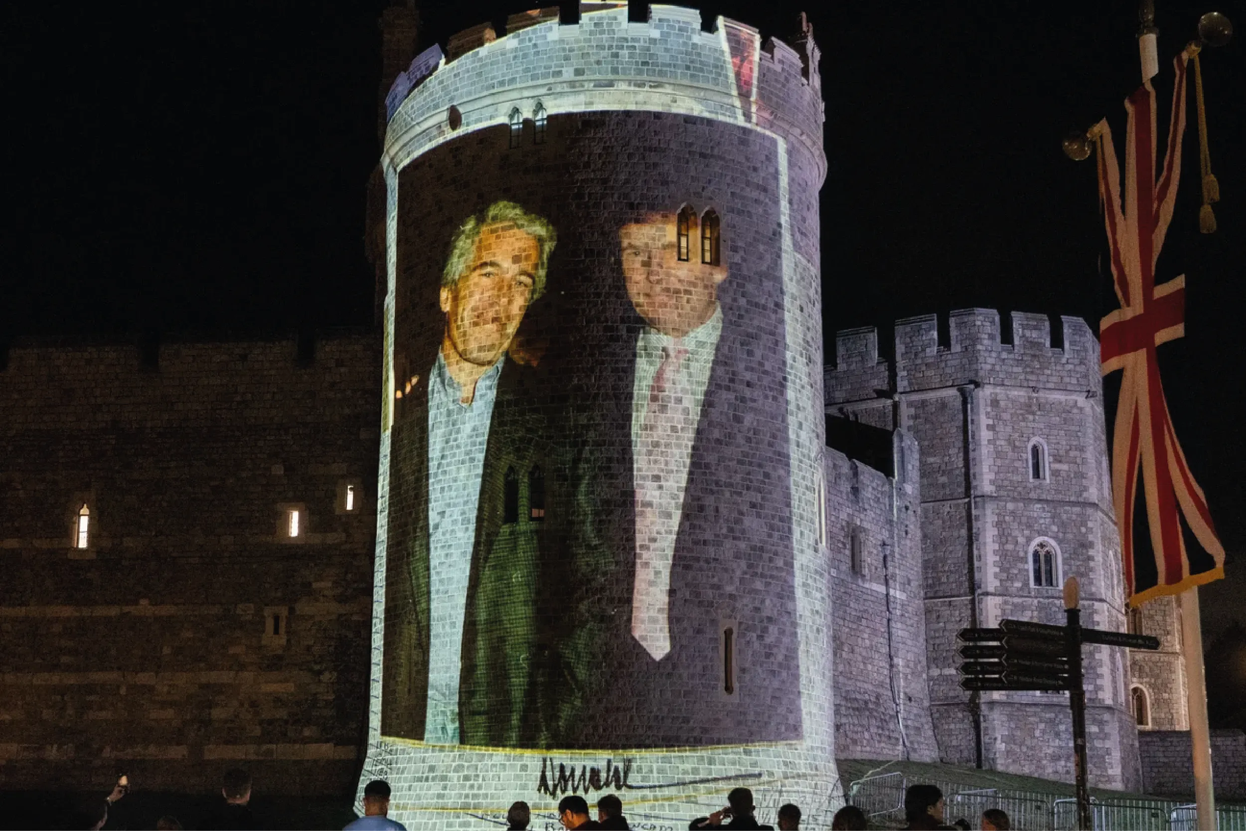 Proyección de imágenes de Donald Trump y Jeffrey Epstein sobre los muros del Castillo de Windsor durante su visita oficial al Reino Unido.