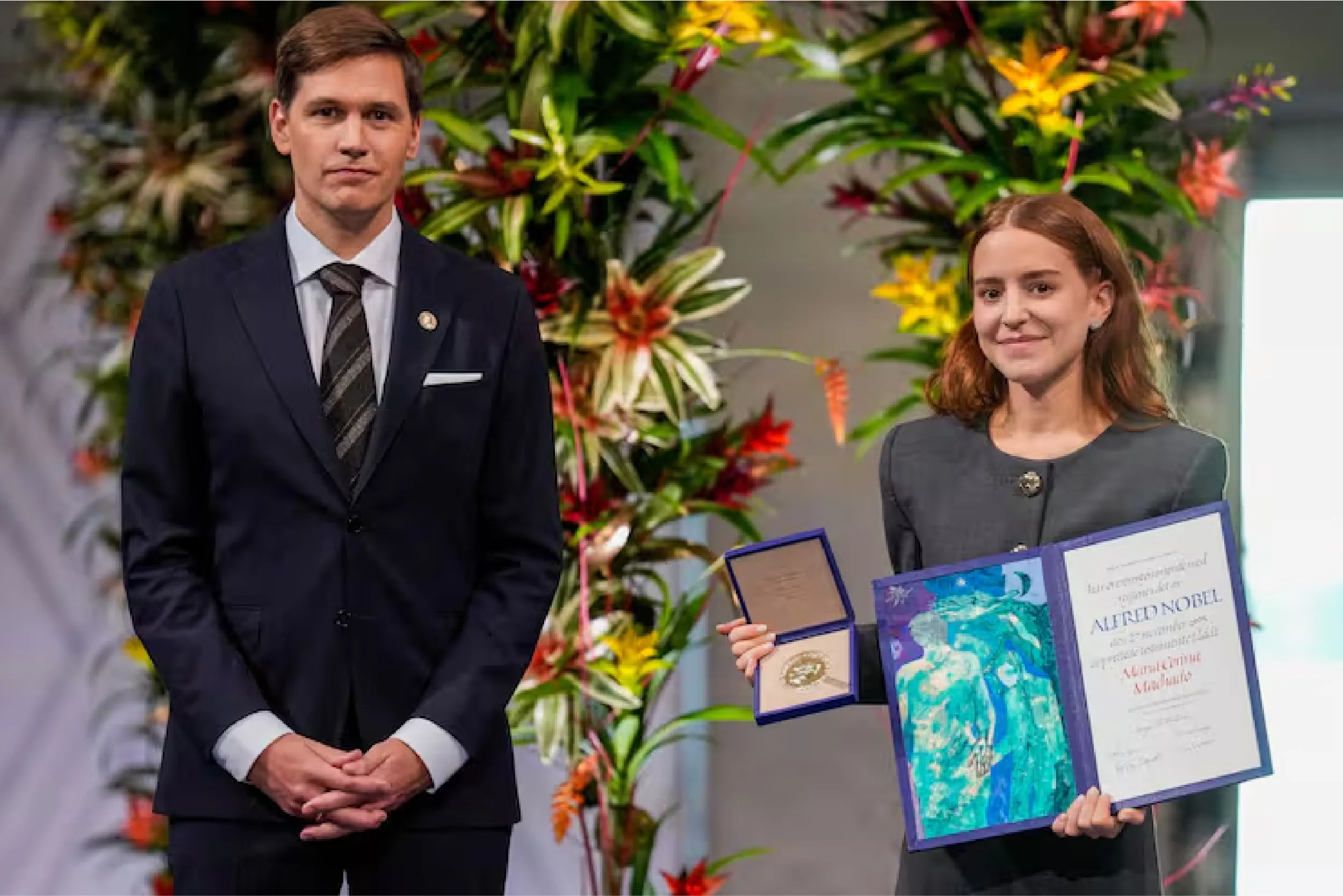 Ceremonia del Premio Nobel de la Paz 2025 en Oslo, donde la hija de María Corina Machado recibe el reconocimiento.