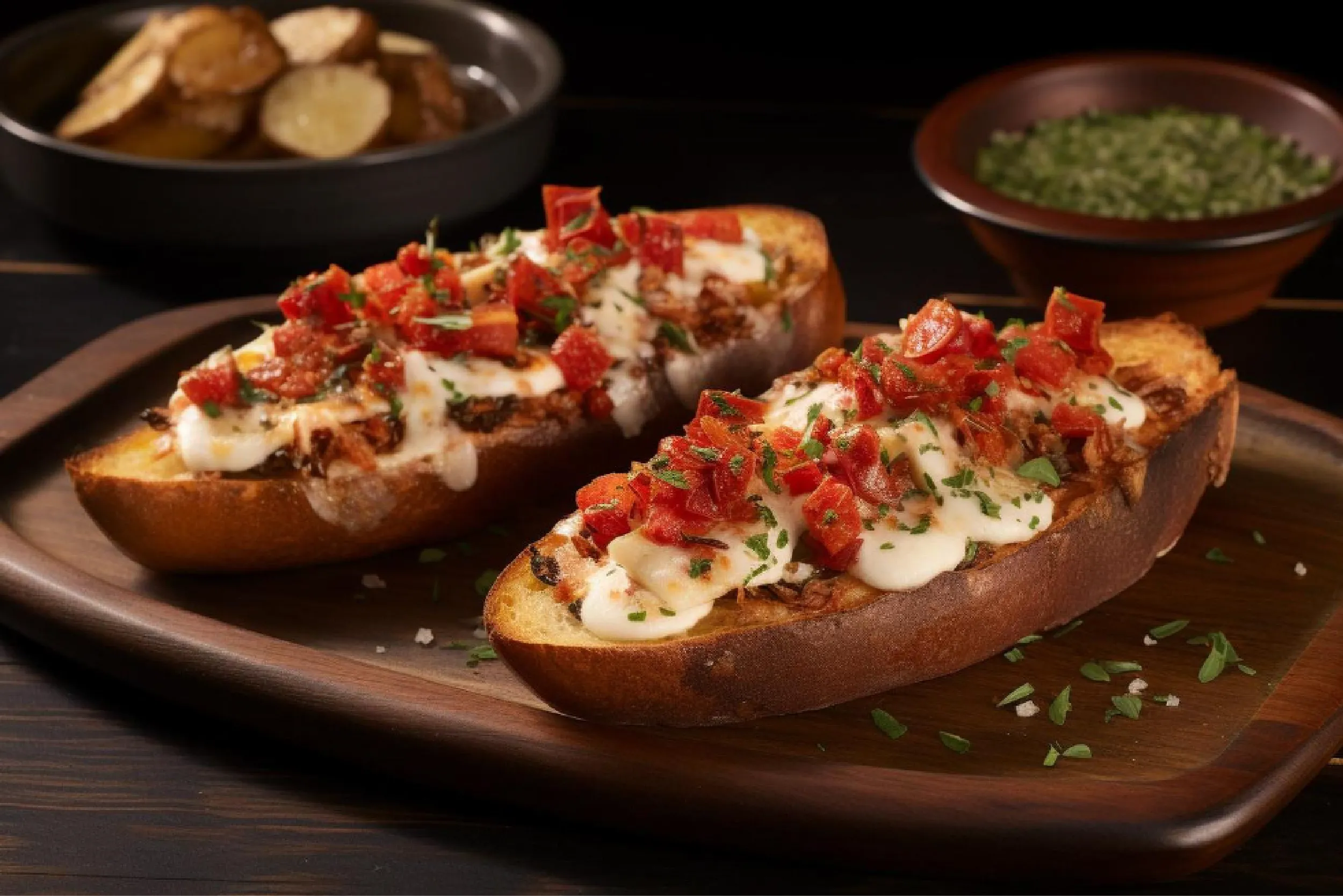 Two crostini topped with melted cheese, diced tomatoes, and chopped herbs on a wooden board.