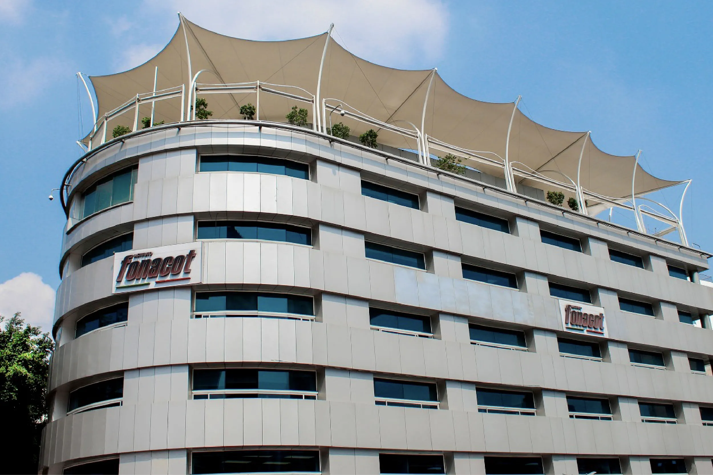 Modern multi-story office building with curved, white panels and sail-shaped rooftop structures against a blue sky; several small trees on the roof terrace.