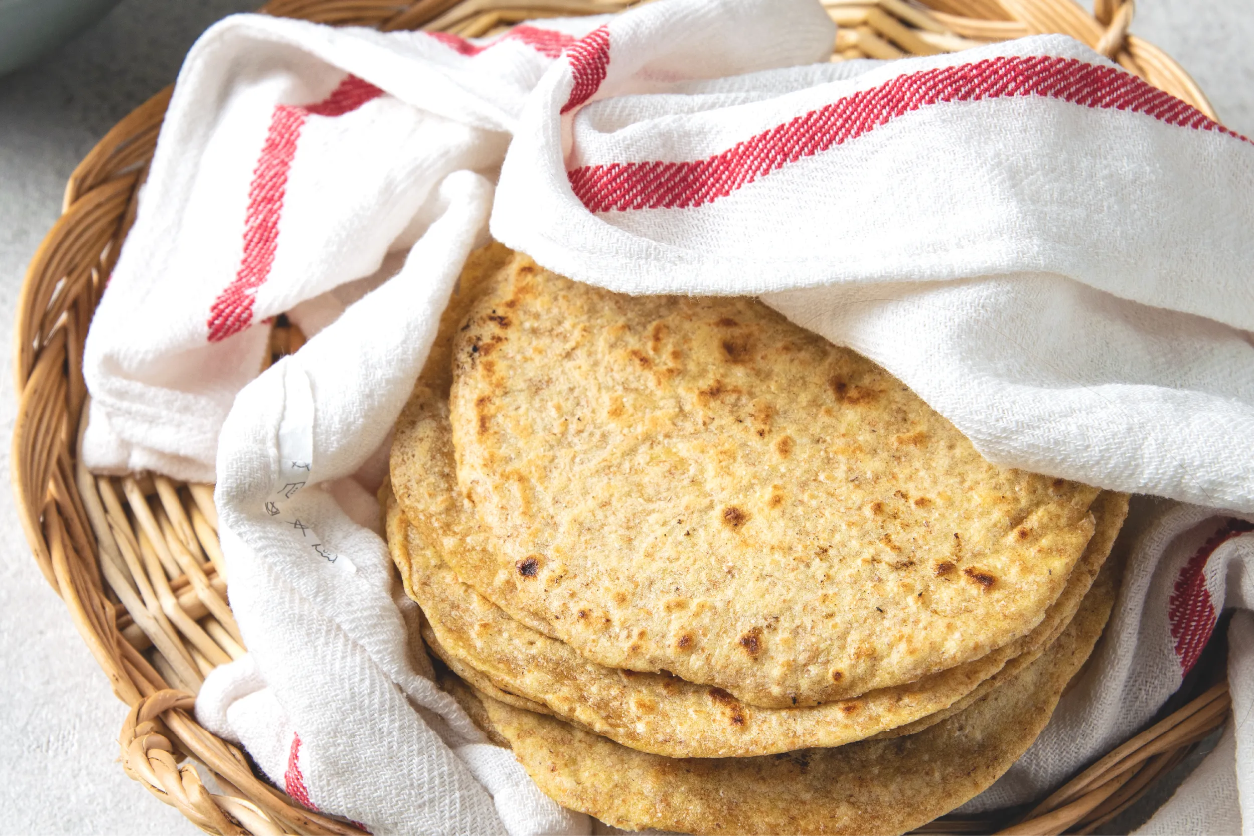 Stack of flatbreads in a woven basket lined with a white towel with red stripes, ready to eat.