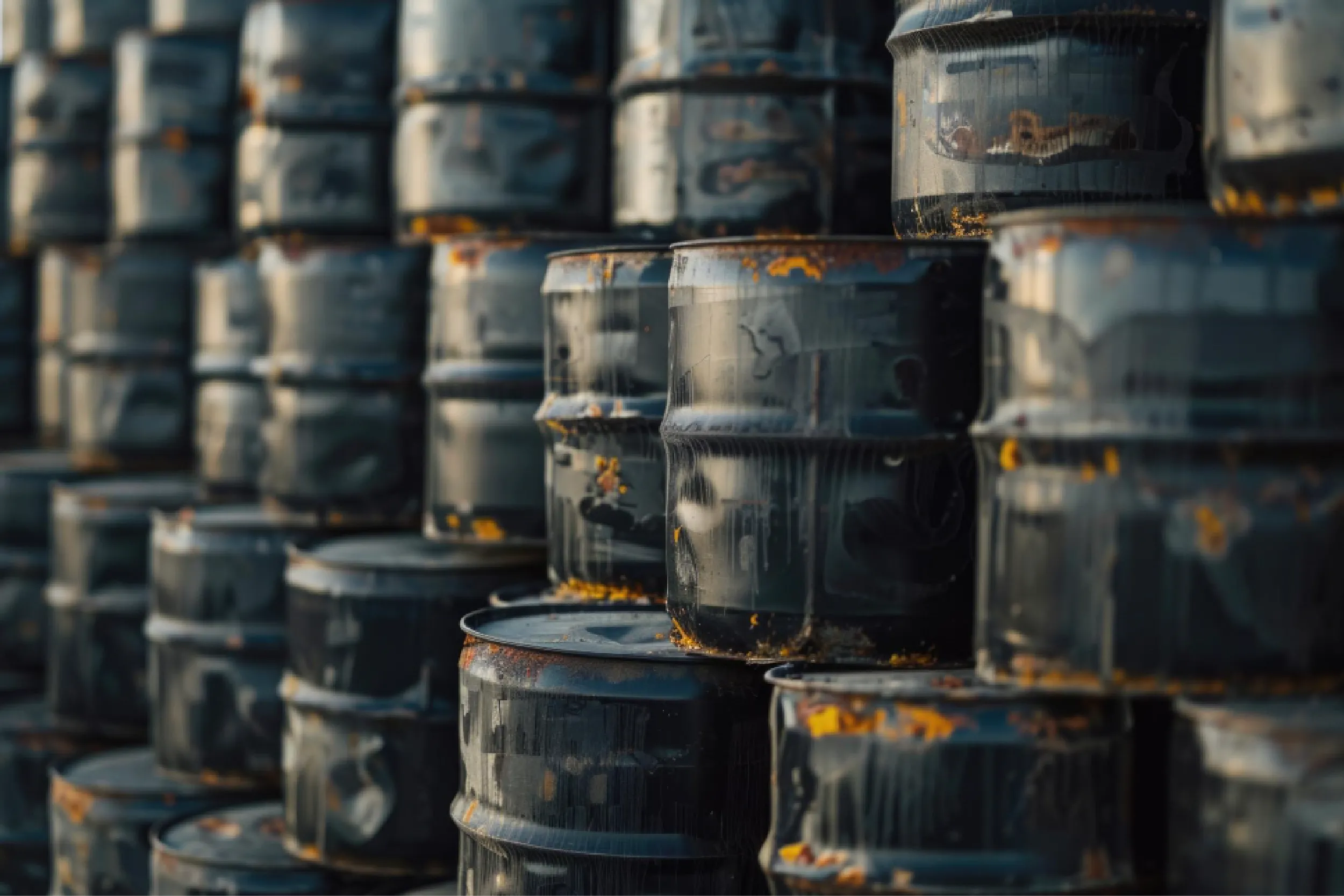 Stacks of weathered metal oil drums in an industrial yard, with visible rust and chipped paint, blue-gray tones.