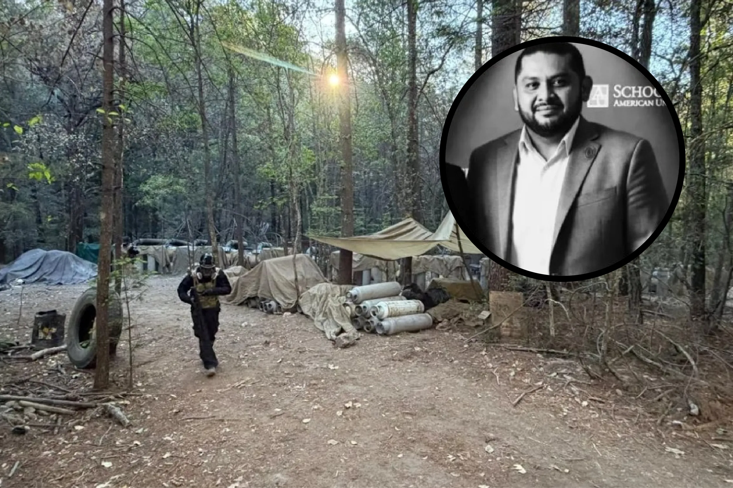 Forest camp in a wooded area with beige tents, tarps, and rolled mats; a soldier walks along a dirt path foreground. A circular inset shows a grayscale portrait of a man in a suit.