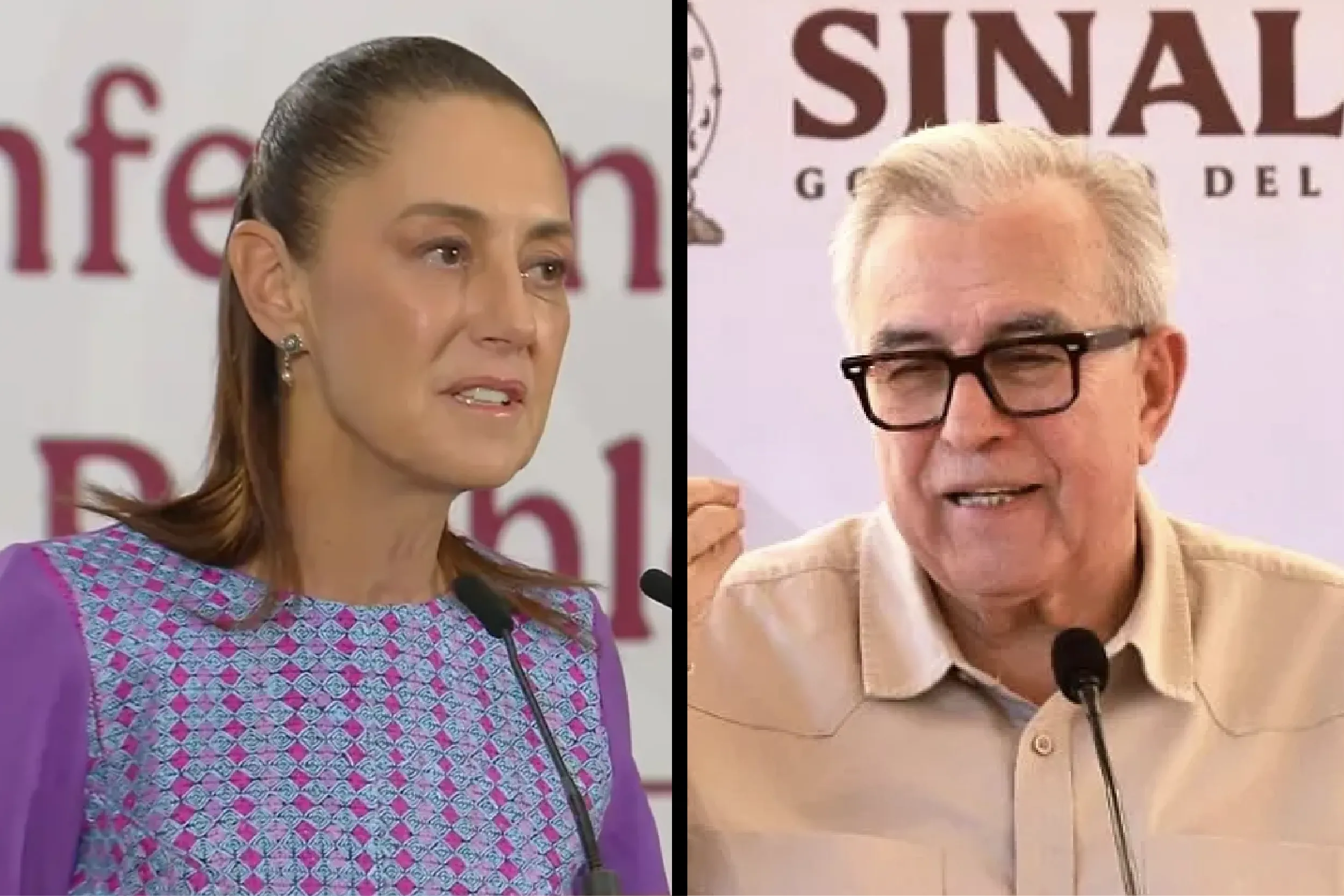 Two speakers at a panel: a woman in a purple patterned dress on the left and a man in a beige shirt with glasses on the right, both speaking into microphones.