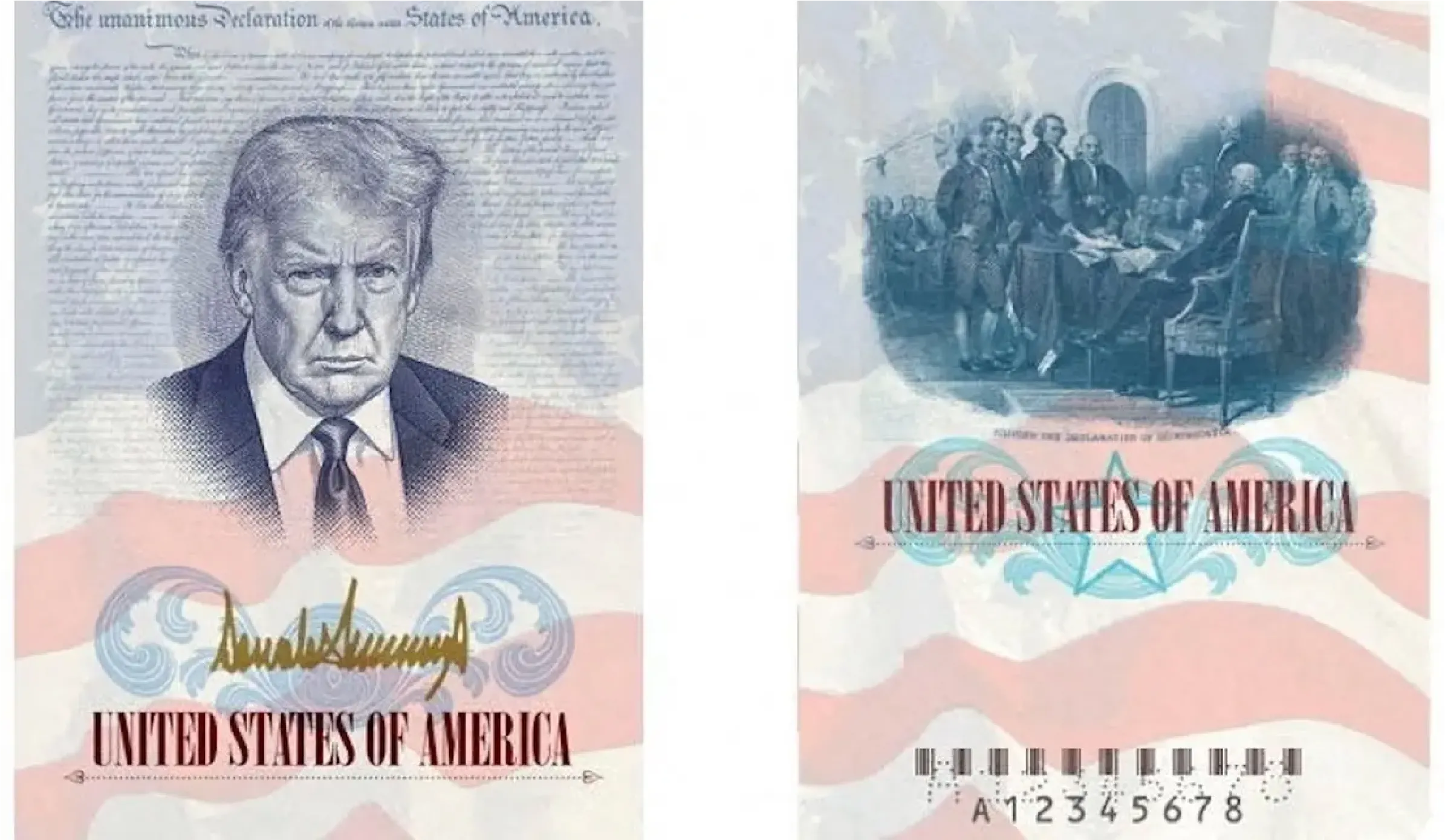 Two halves of a stylized U.S. banknote: left shows a stern man’s portrait, right shows a group around a table signing a document with an American flag background.