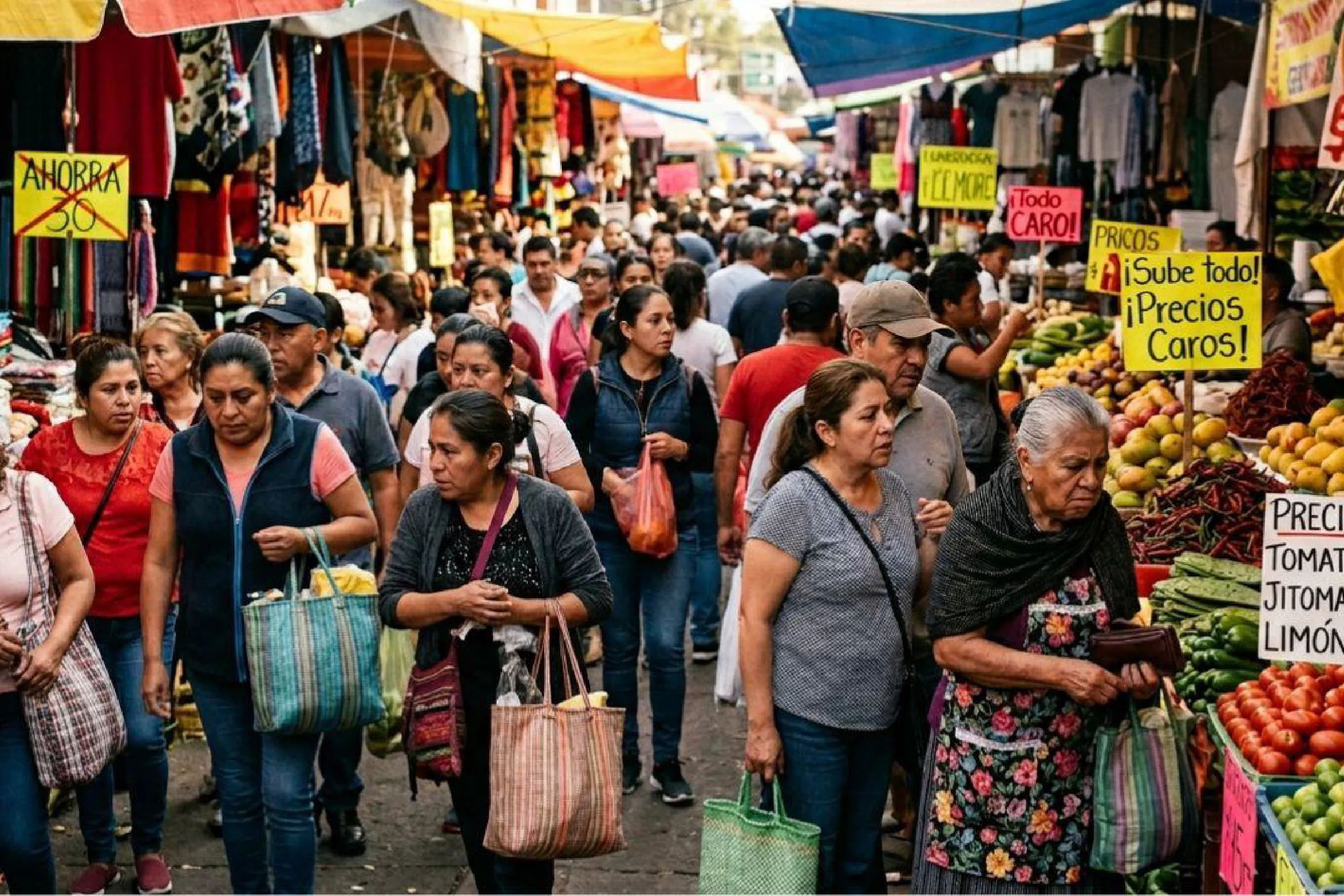 Crowded outdoor market with shoppers, colorful stalls, and fruit and clothing stands.