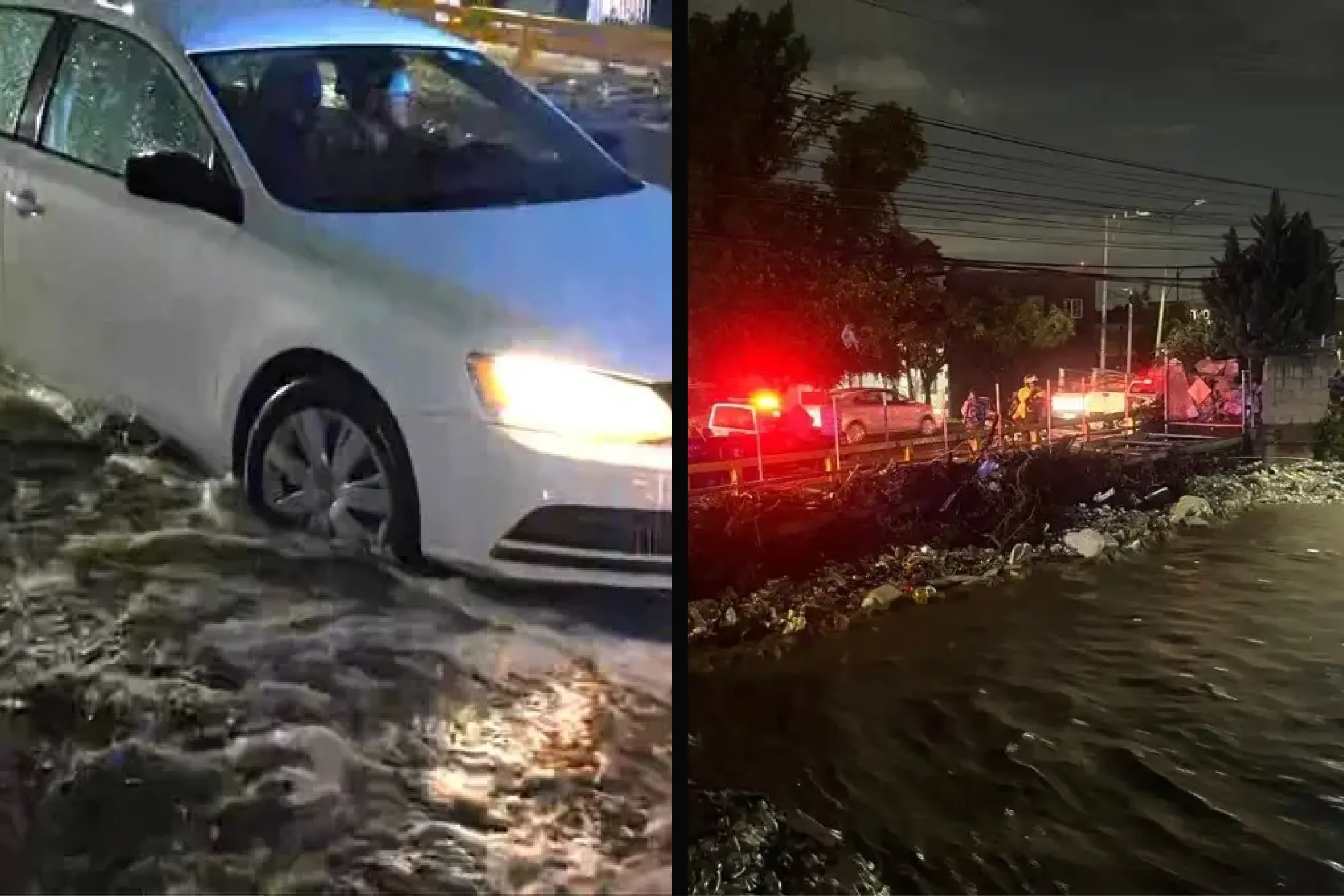 Two-panel image: left shows a white car with front-end damage on a snowy ground; right shows a nighttime emergency scene with red lights and scattered debris.