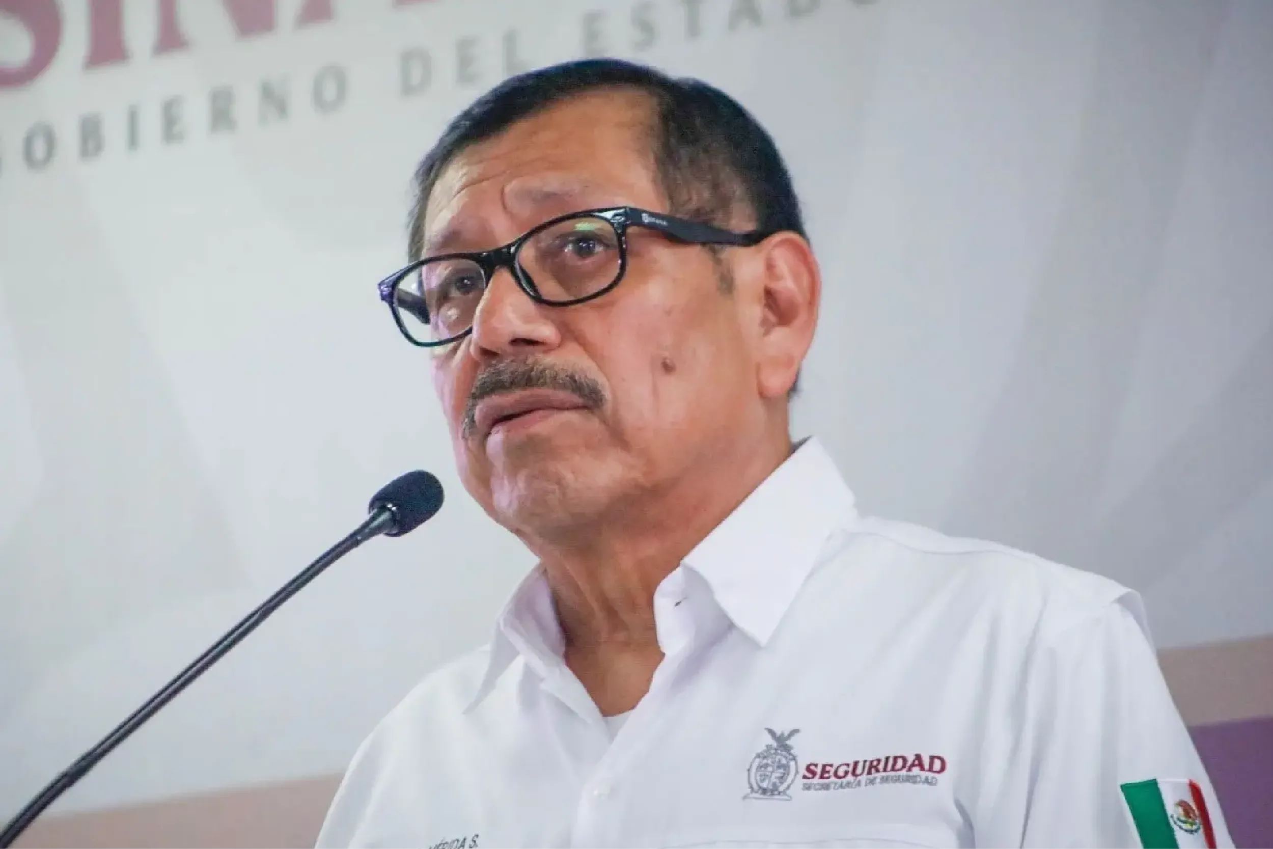 Man in glasses wearing a white shirt speaking into a microphone at a podium, with 'SEGURIDAD' logo on his chest.