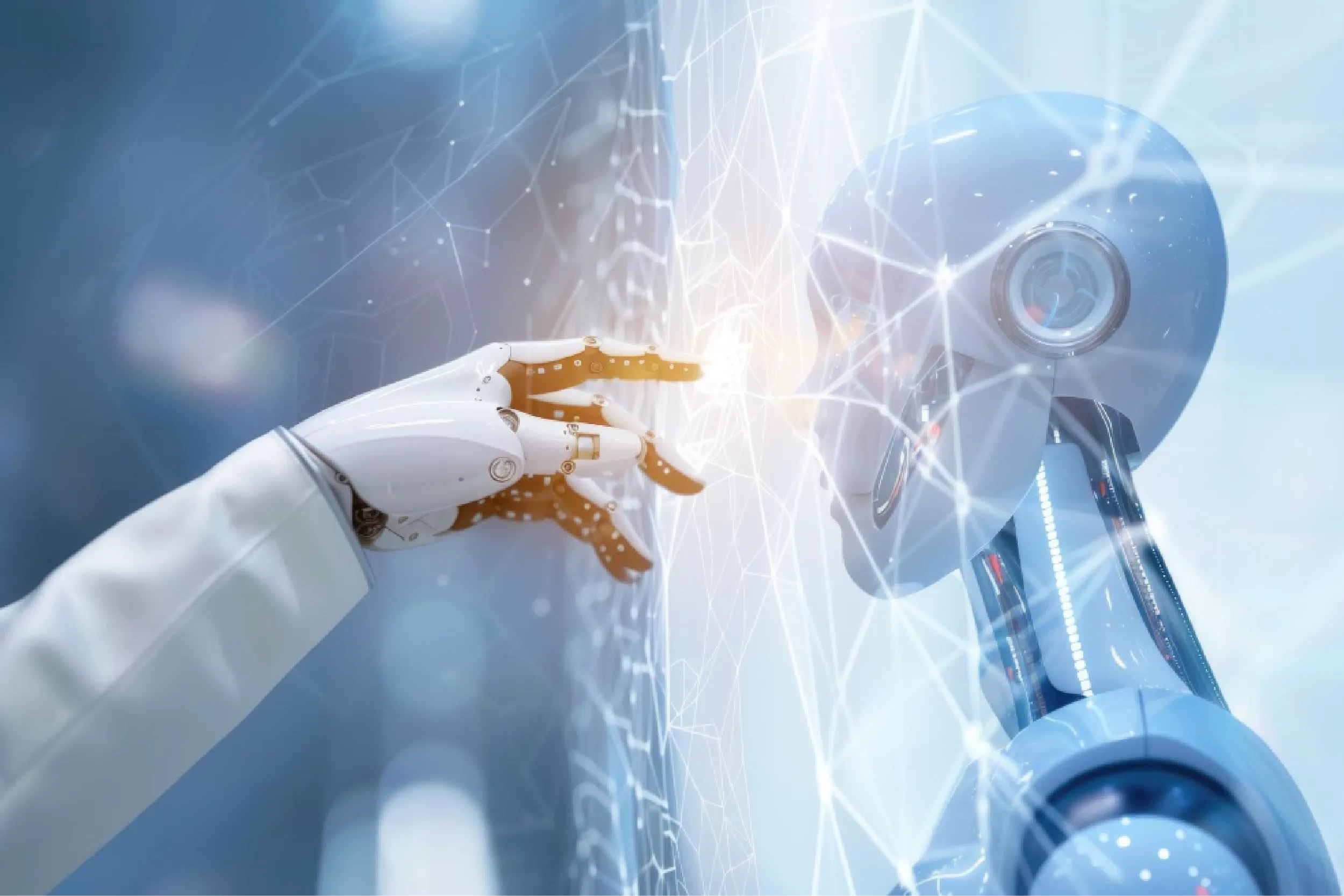 Robotic hand reaching toward a glowing web of interconnected lines and nodes in a blue futuristic setting.