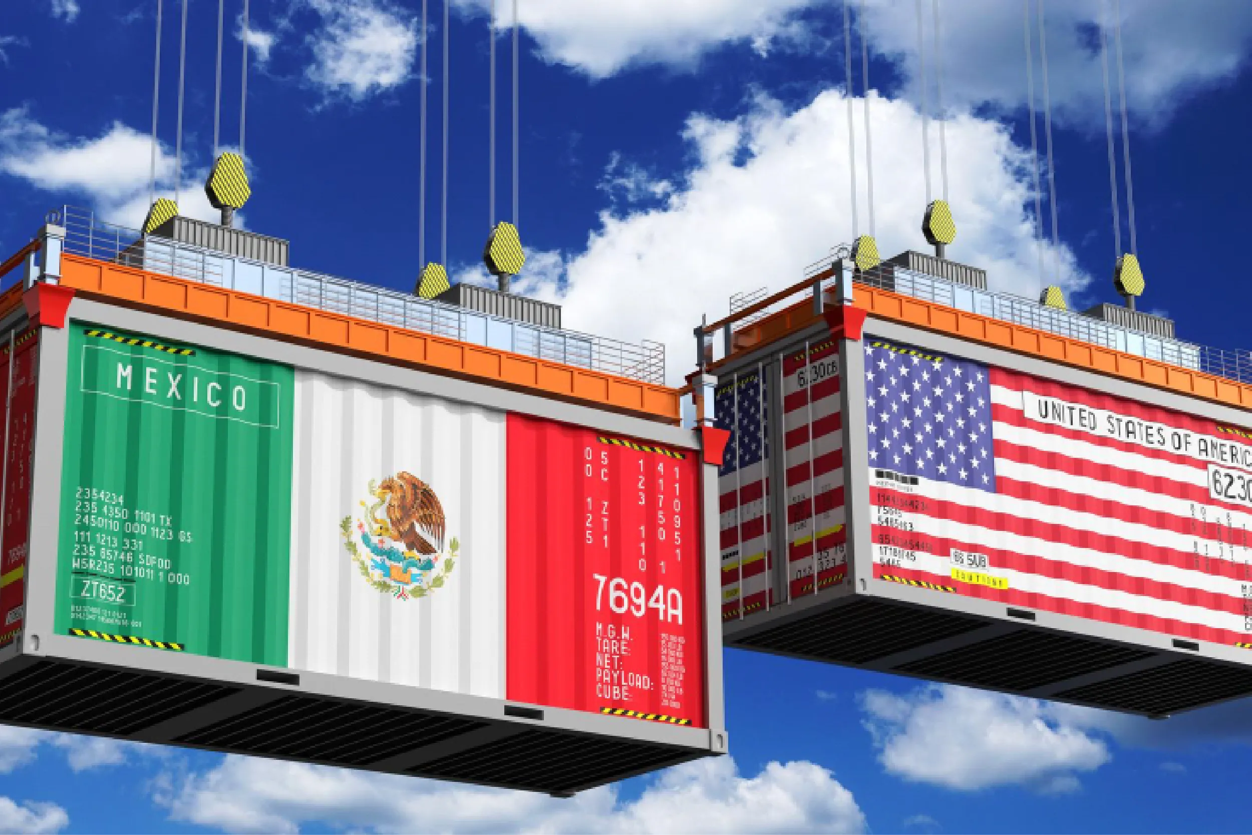 Floating platform of colorful shipping containers against a bright blue sky; a green container labeled MEXICO sits left, and a red, US flag–themed container is on the right.