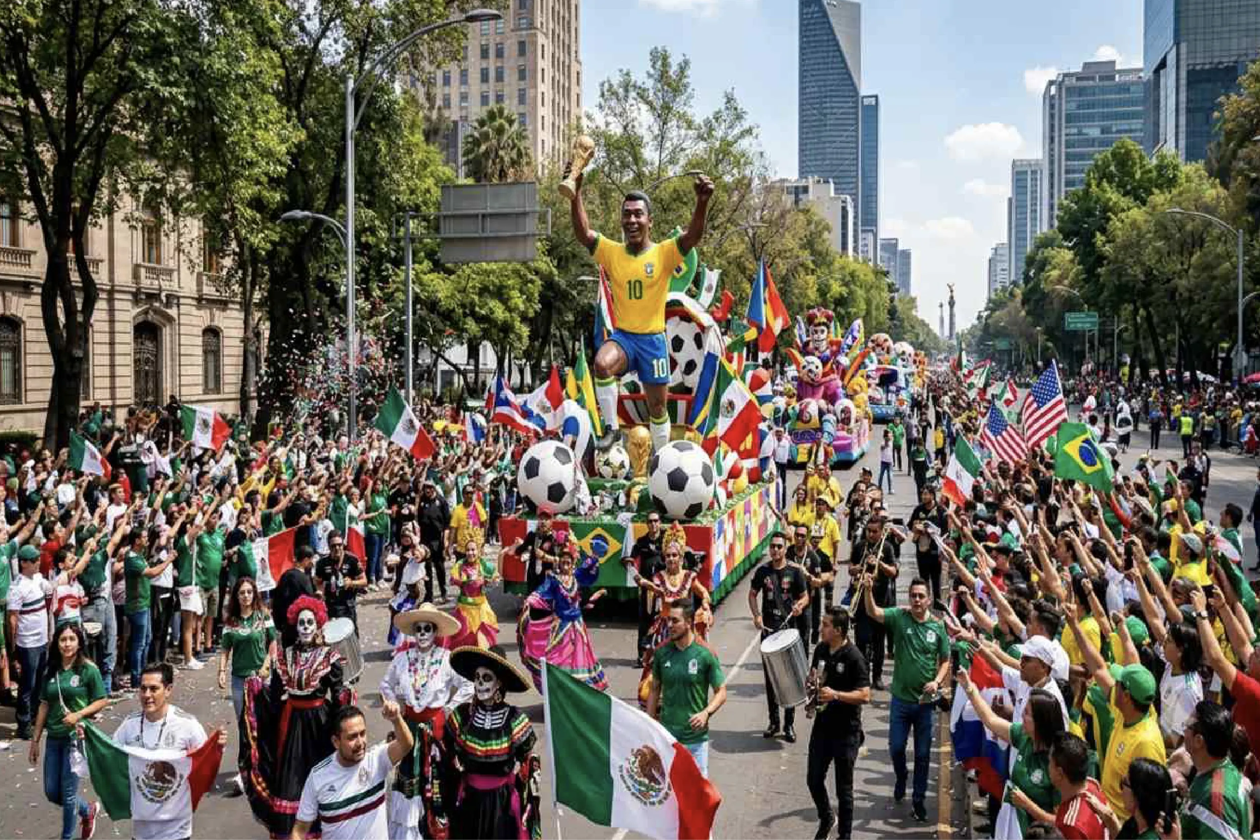 Massive parade float with a giant soccer player in a yellow Brazil jersey raise arms, leading a crowd of flag-waving spectators in a city street.