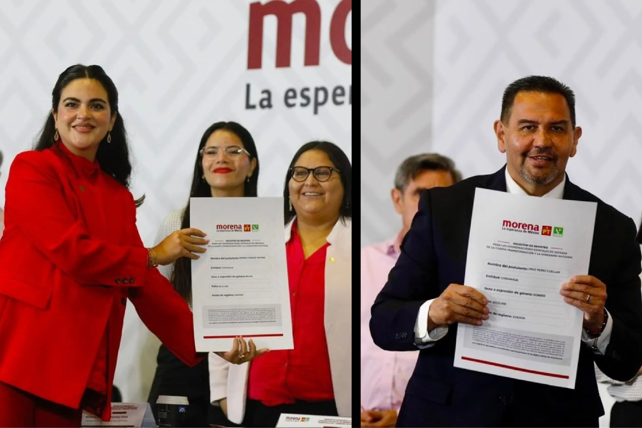 Group of people in red and dark outfits proudly displaying documents at a event, split-panel backdrop with Morena branding on stage.