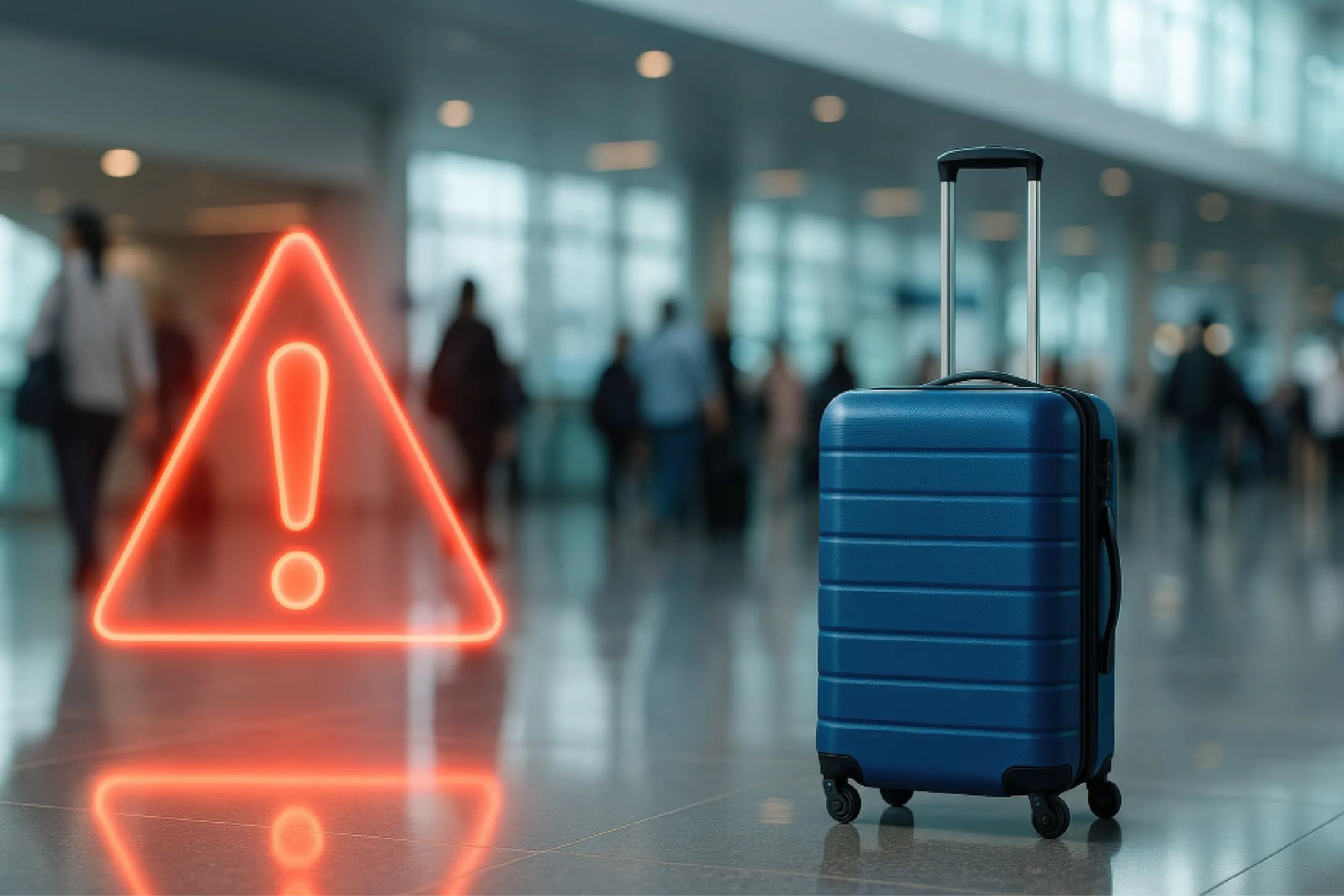 Blue rolling suitcase in an airport terminal with a red neon warning triangle reflected on the floor behind it.