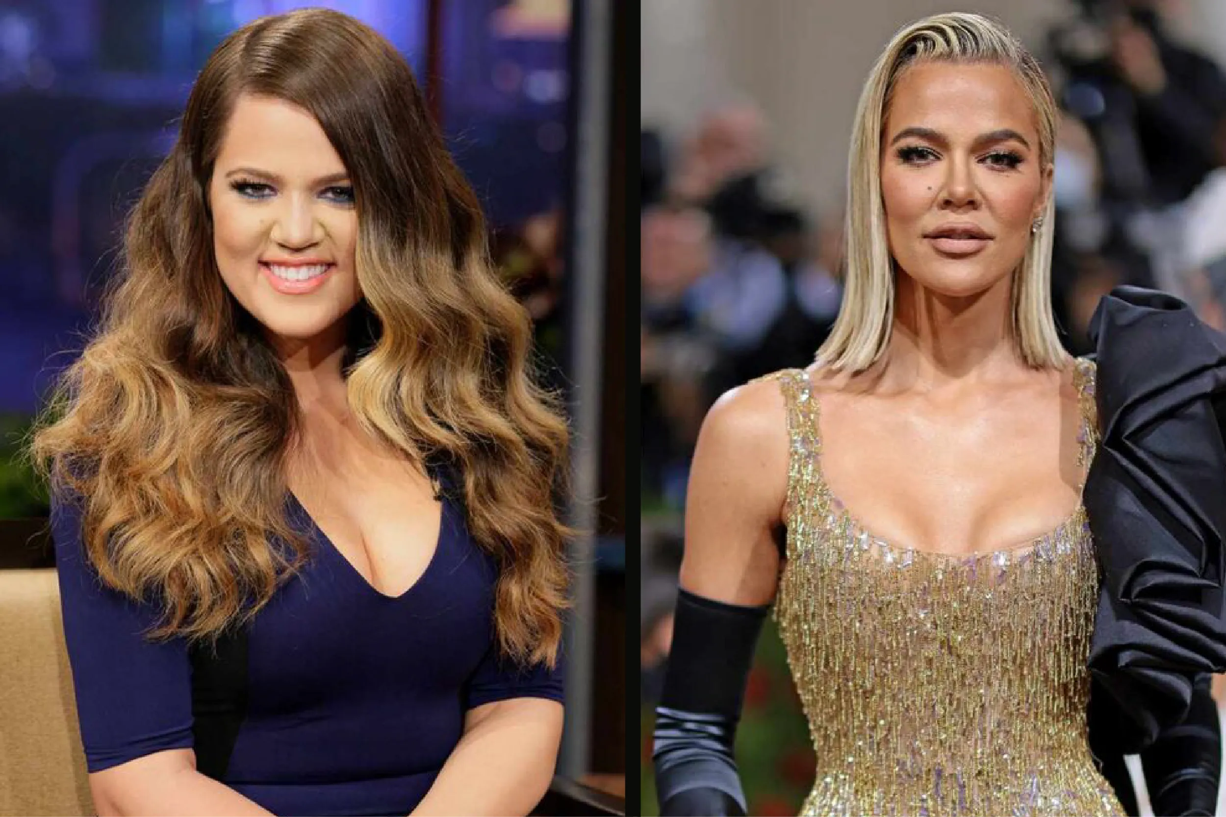 Two women posing at an event: left a brunette in a navy dress smiling, right a blonde in a gold sequined gown with black gloves.