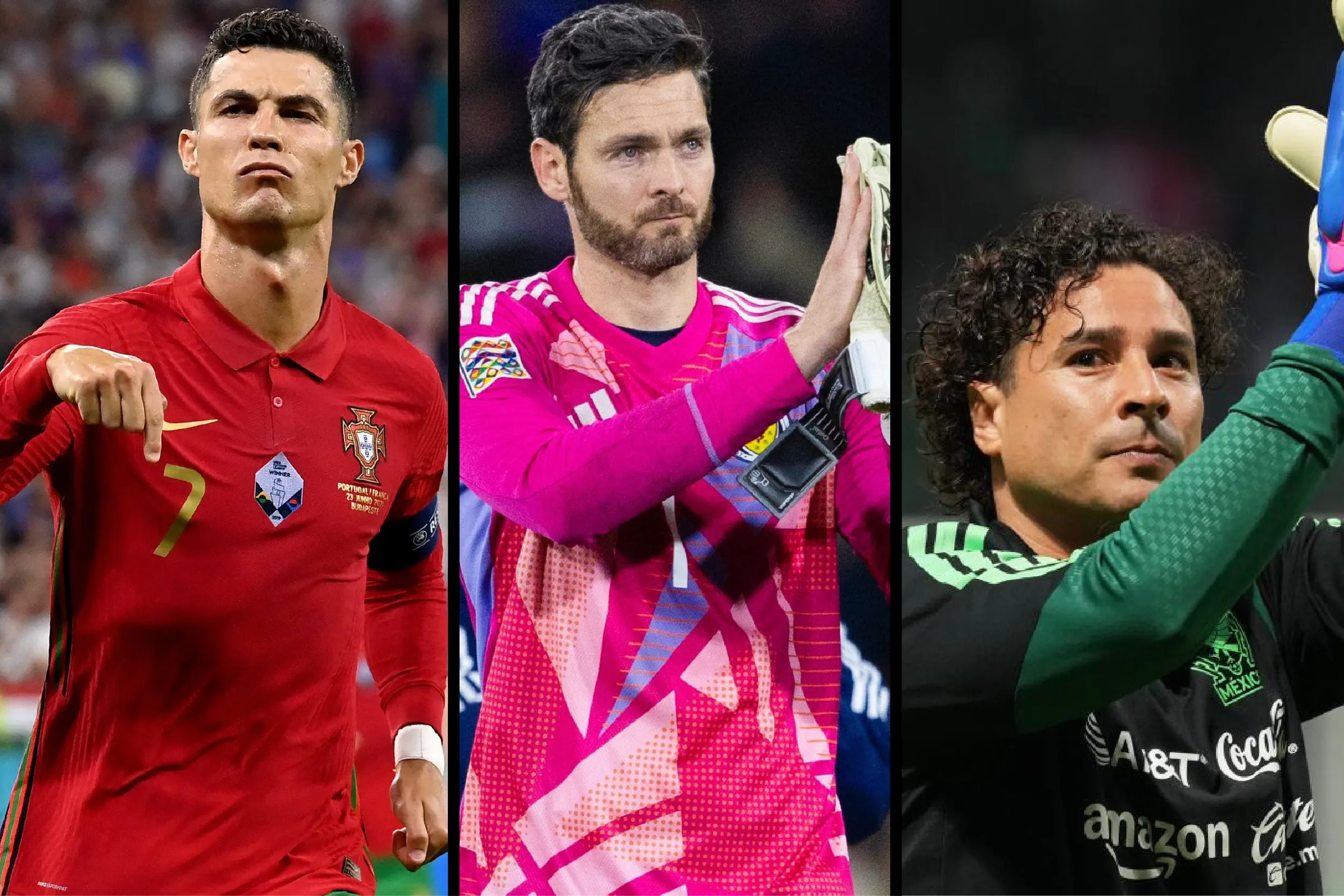 Collage of three football players: Cristiano Ronaldo in a red Portugal kit left, a pink-clad goalkeeper applauding center, and a Mexican goalkeeper in green on the right.