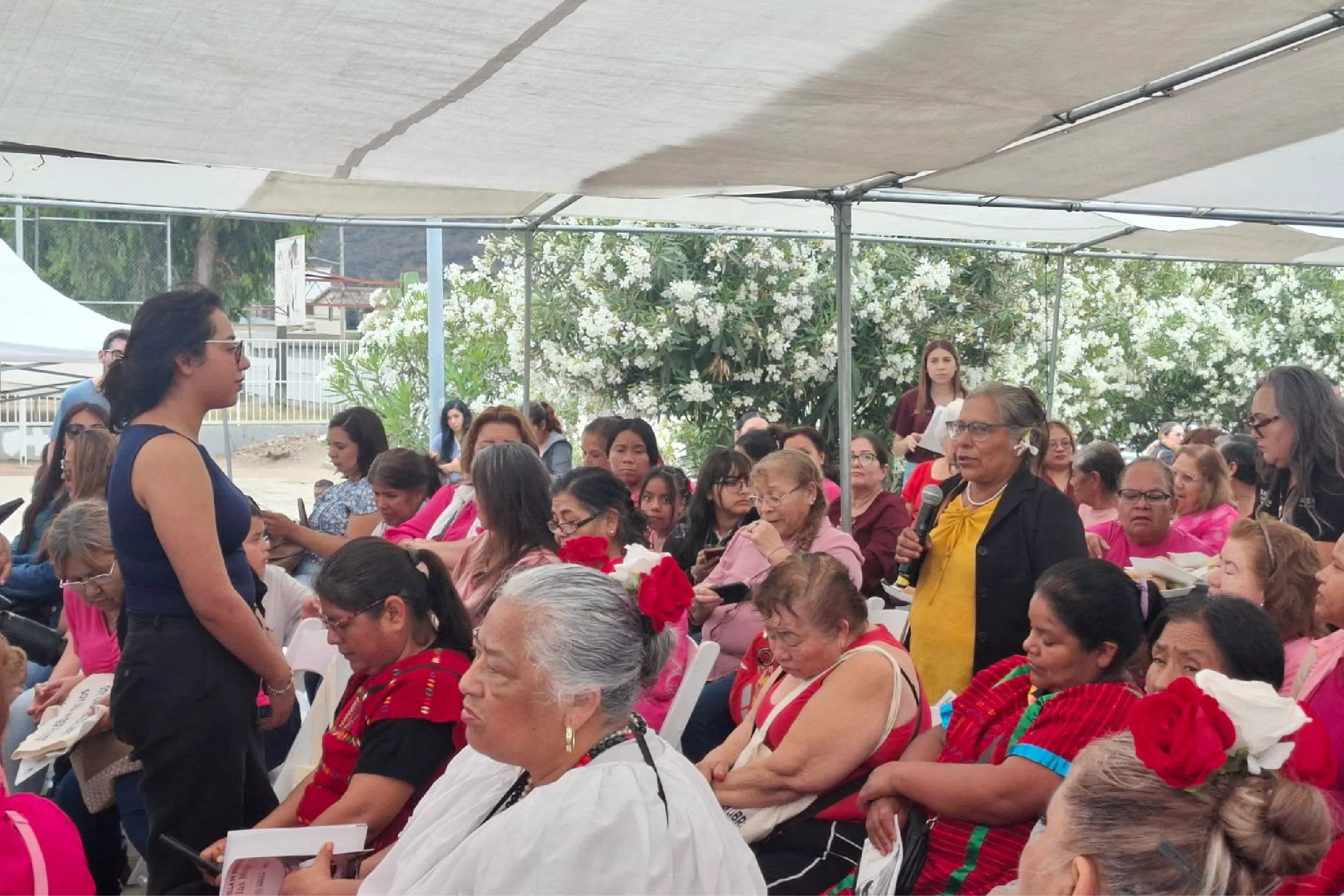 Group of women seated under a shade canopy at an outdoor event; a speaker with a microphone stands among them, many in bright pinks and reds.