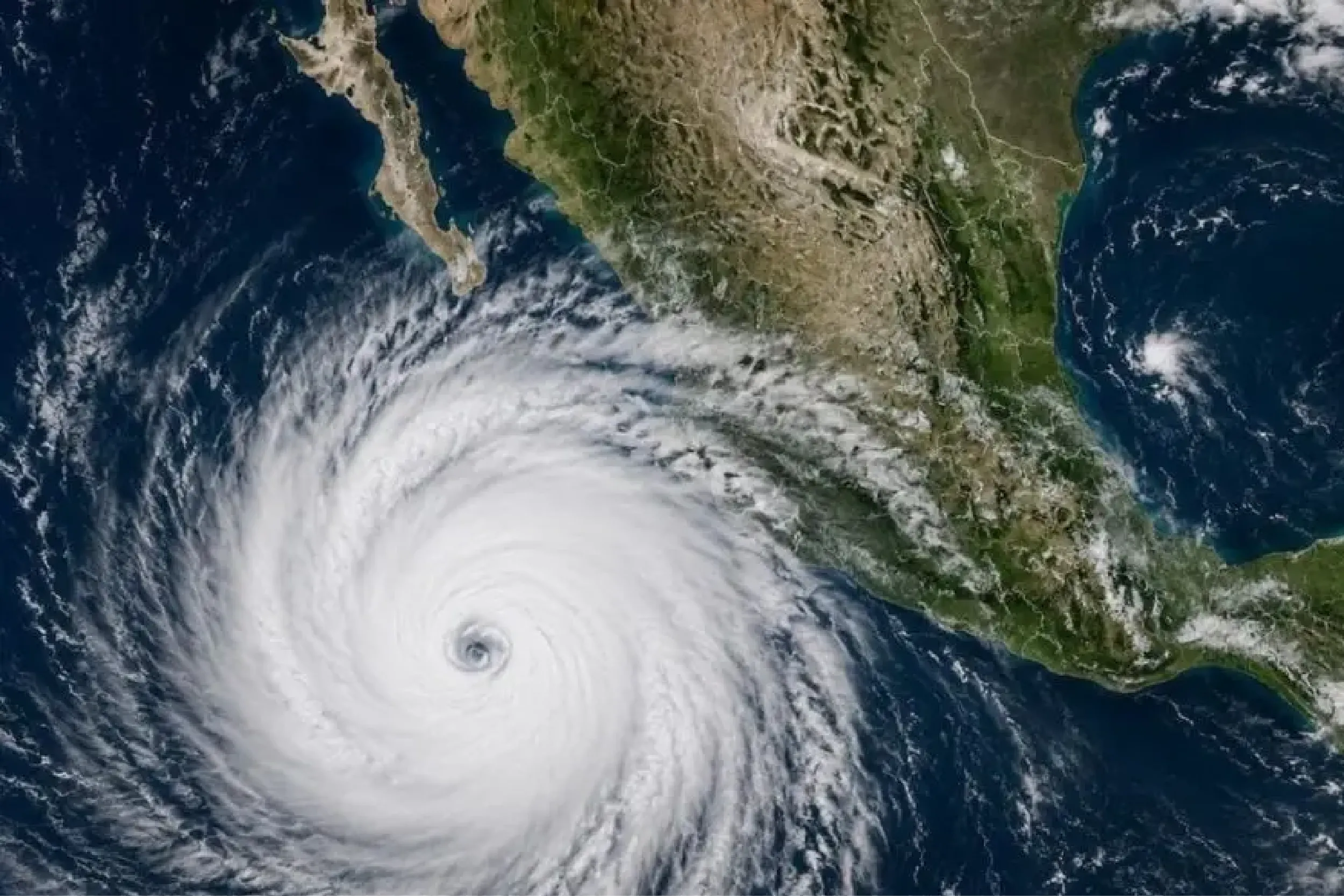 Satellite image of a hurricane off the western coast of Mexico, its clear eye visible from space.