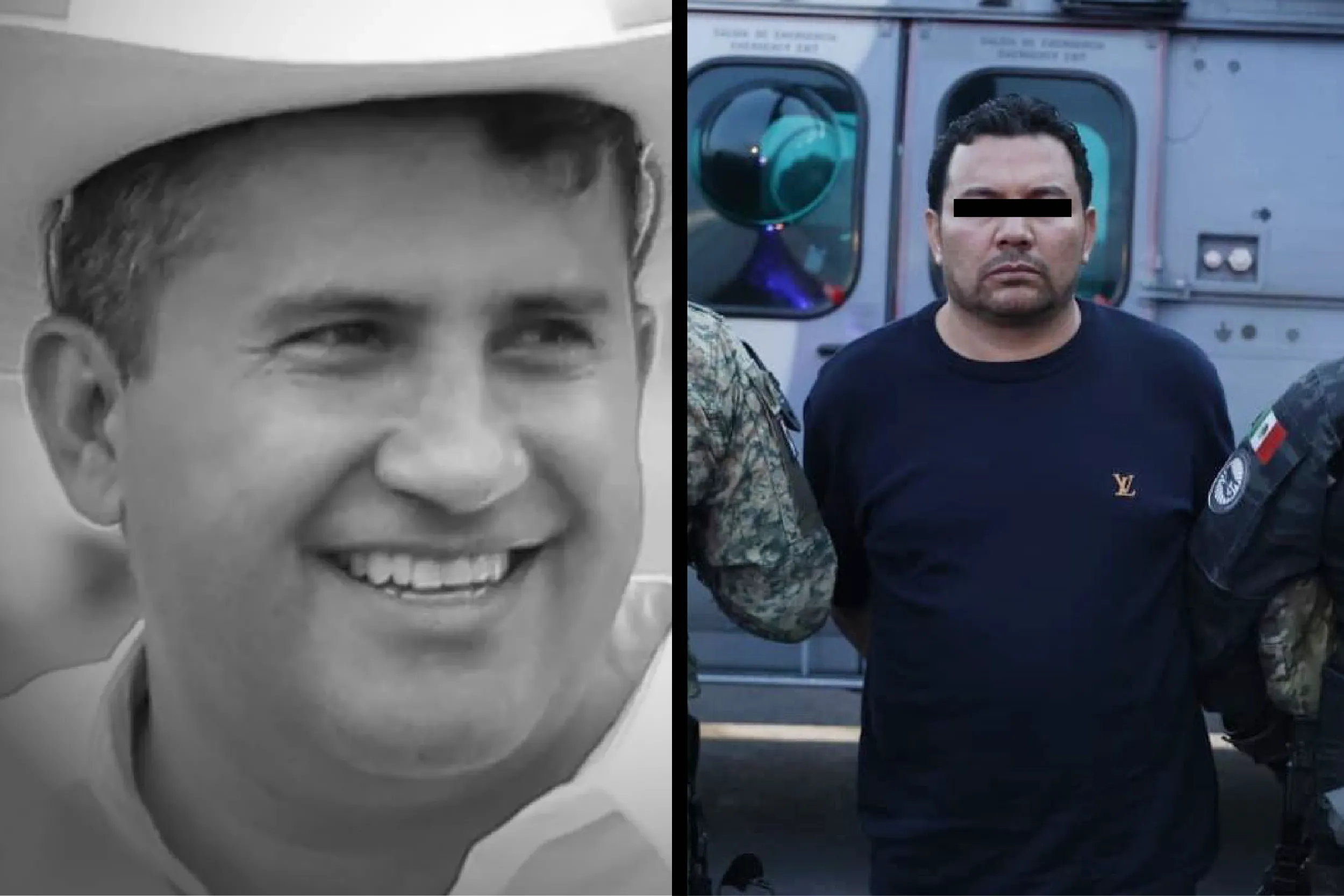Split image: left is a close-up of a smiling man in a white helmet; right shows a man in a dark shirt with a black bar over his eyes, standing in front of a vehicle.