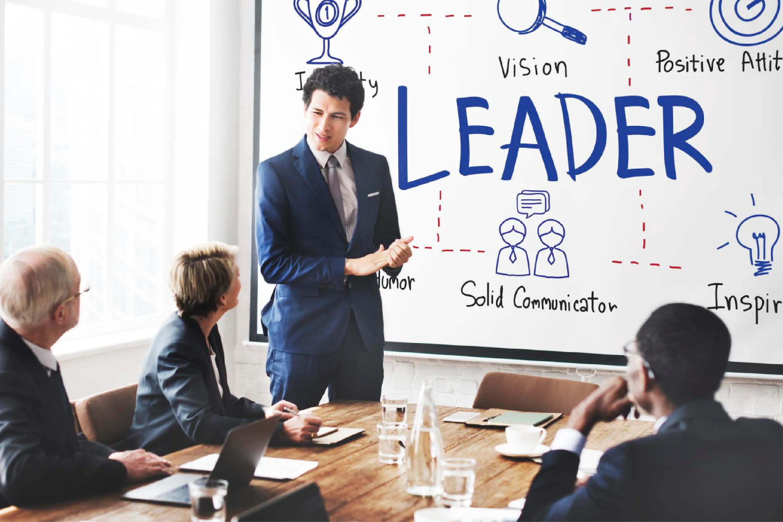 Man in a navy suit giving a presentation to colleagues in a boardroom, with a wall diagram featuring the word LEADER in the background.