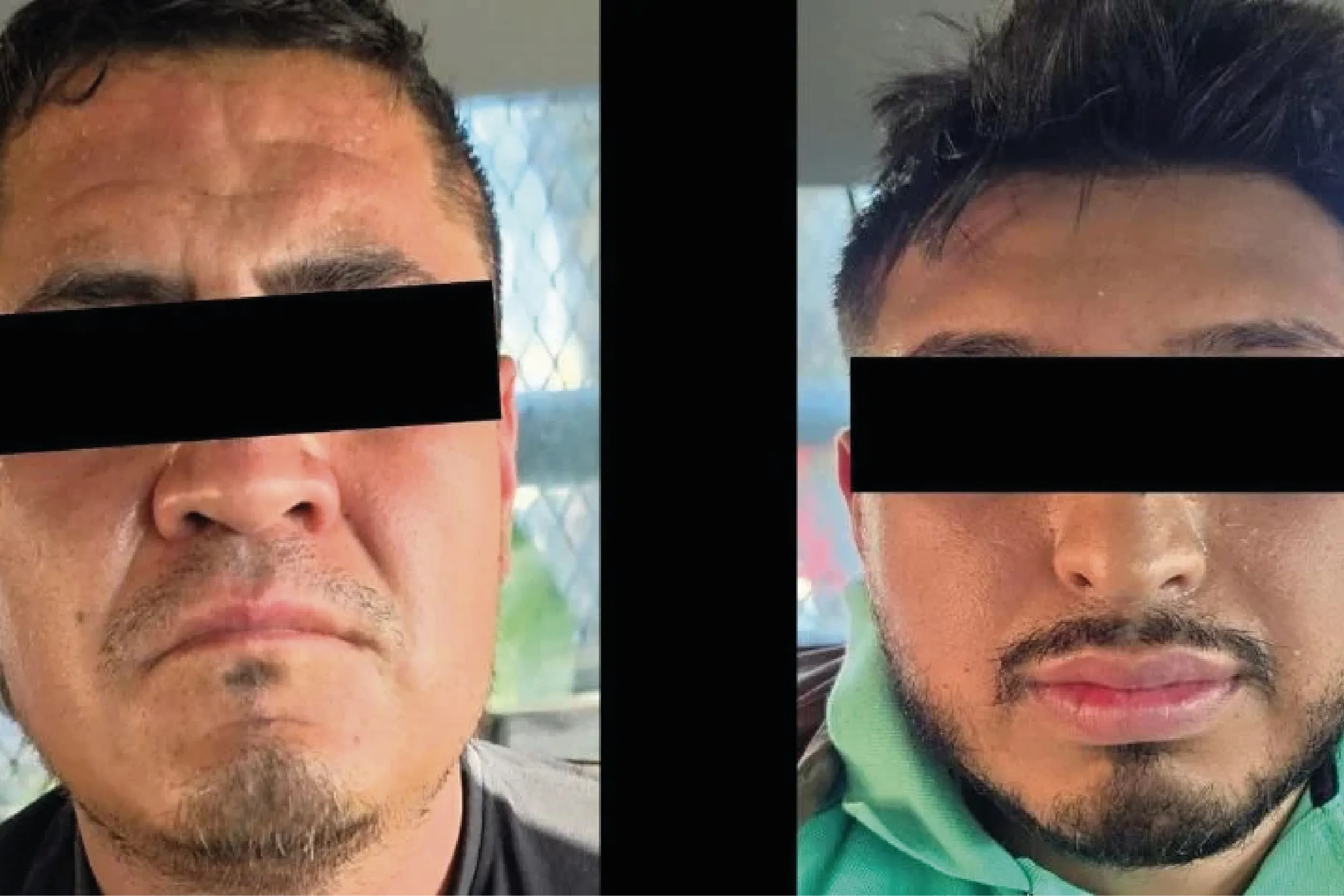 Split image featuring two men's faces side by side, with their eyes obscured by black bars; left man has short hair and light stubble, right man has dark hair and a beard.