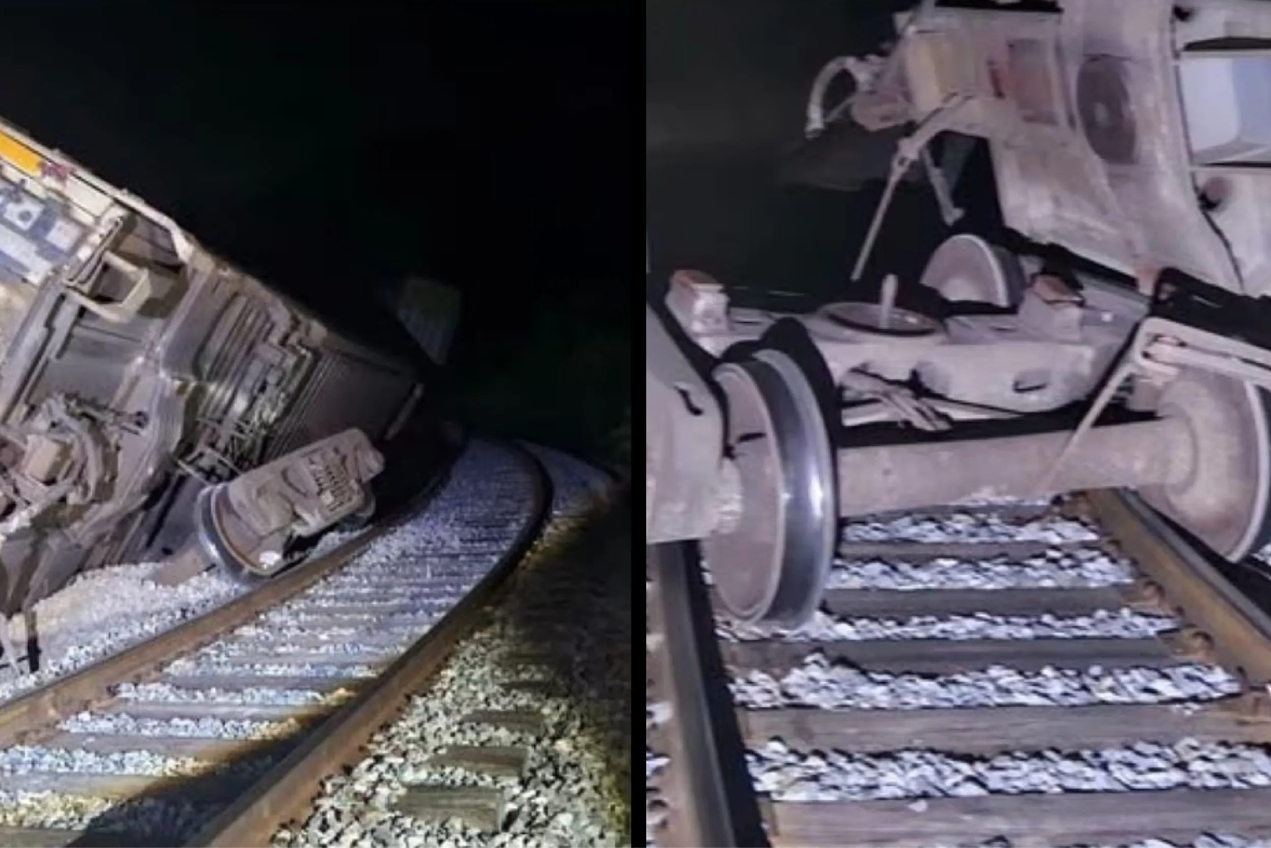 Night-time scene of a derailed vehicle on railway tracks, with debris and gravel around the tracks (left panel). Right panel shows the derailed section with wheels and wreckage near the rails.