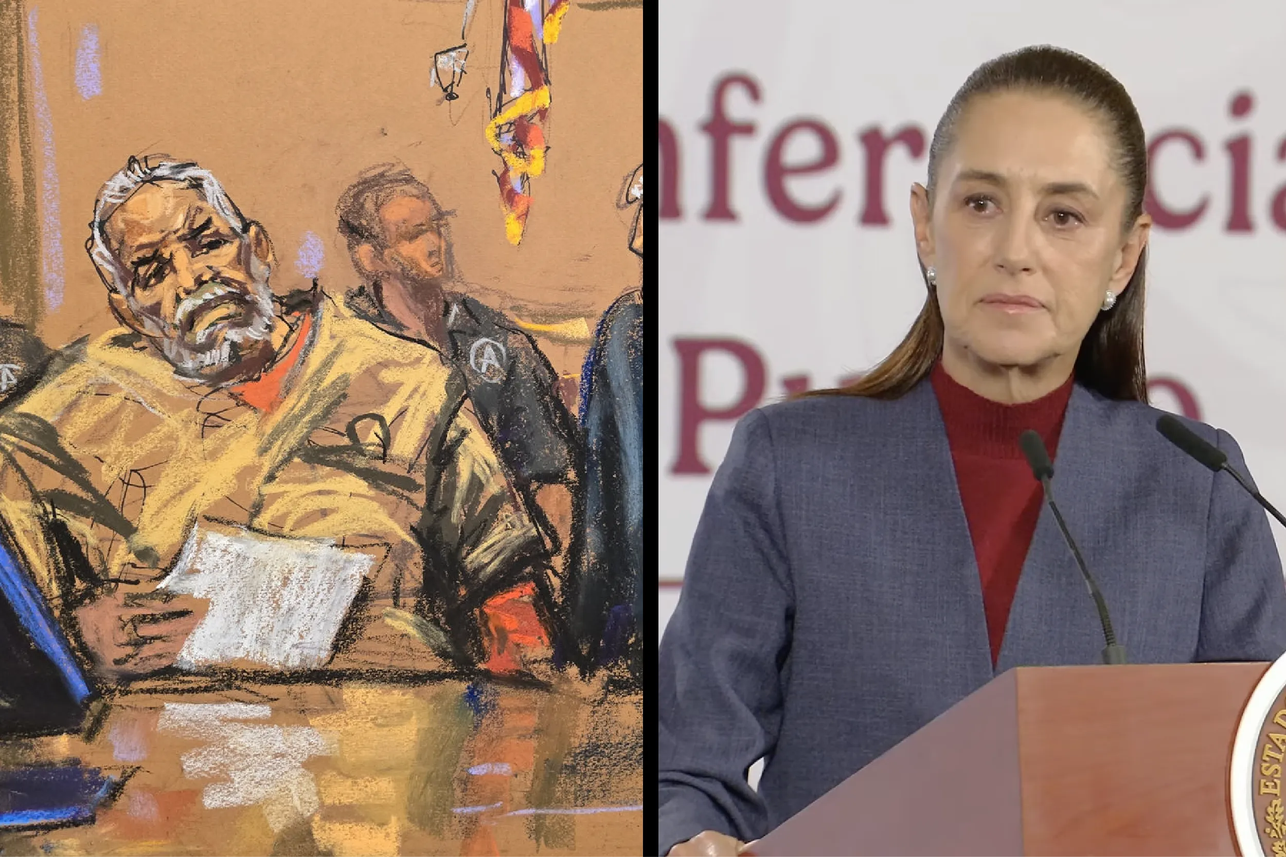 Split image: left panel is an abstract painting of two men with beards; right panel shows a woman in a gray suit speaking at a podium.
