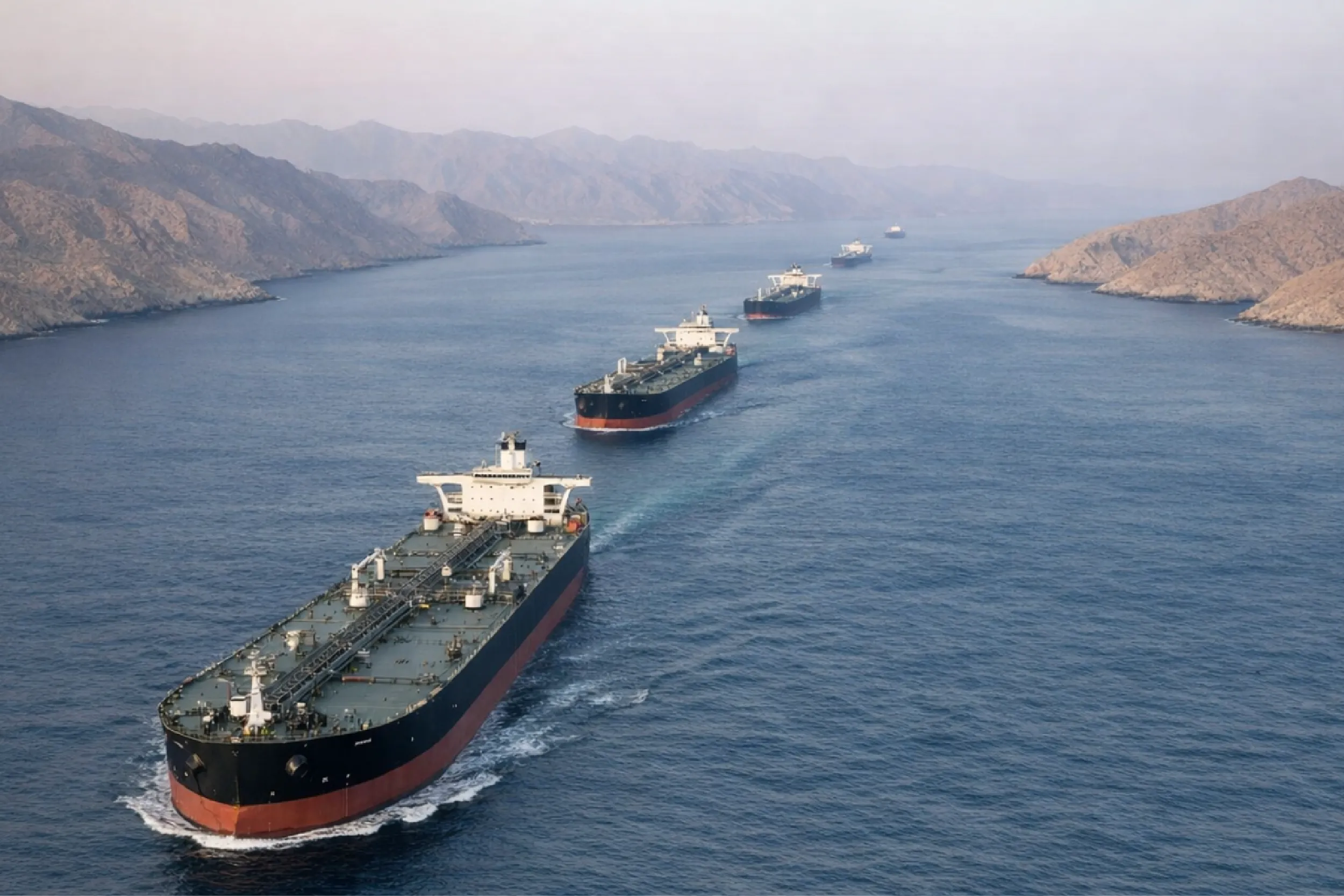 Convoy of large cargo ships sailing through a narrow channel between rocky coastlines.