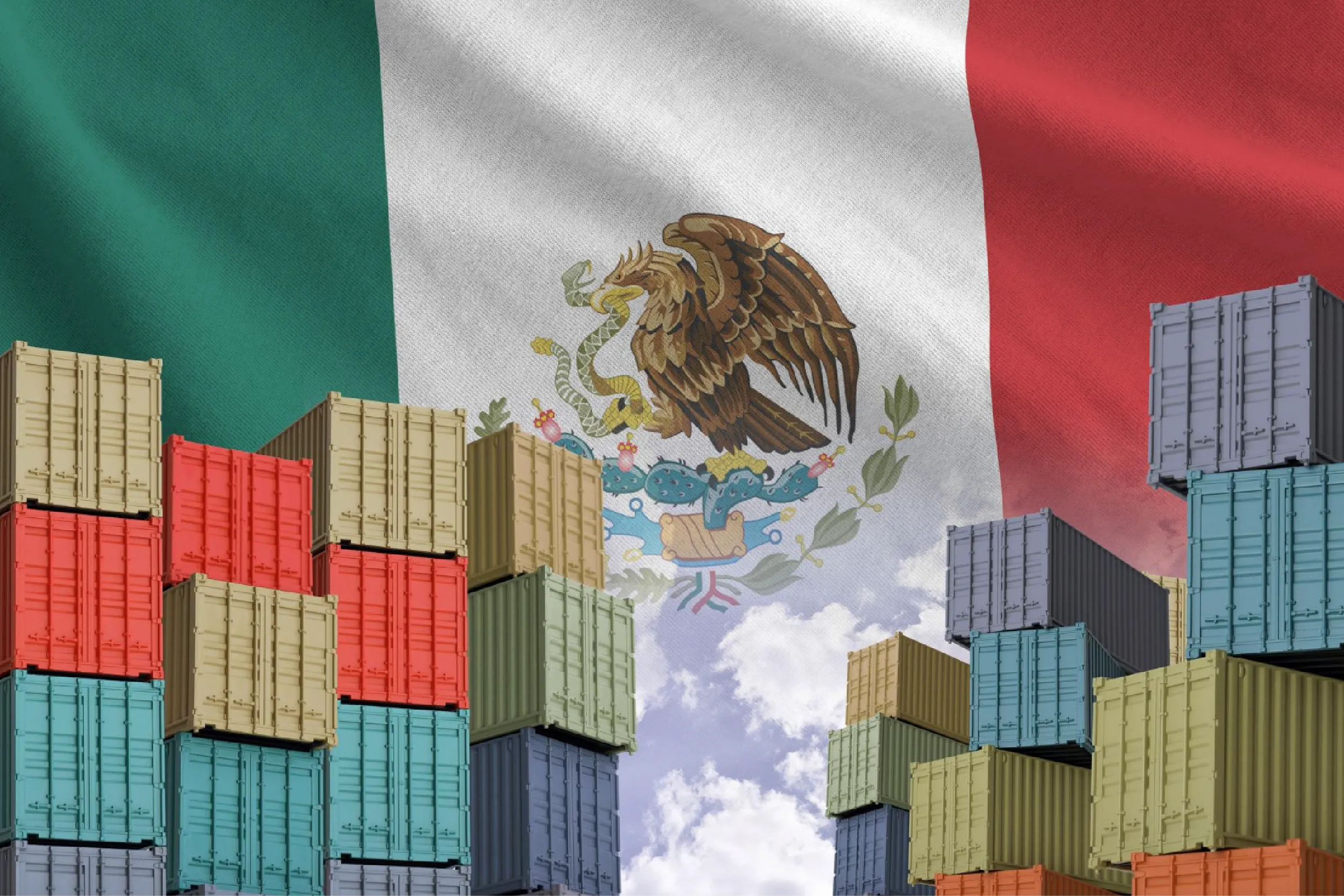 Stacks of colorful shipping containers rise in the foreground with the Mexican flag as a large backdrop, conveying trade and export theme in Mexico