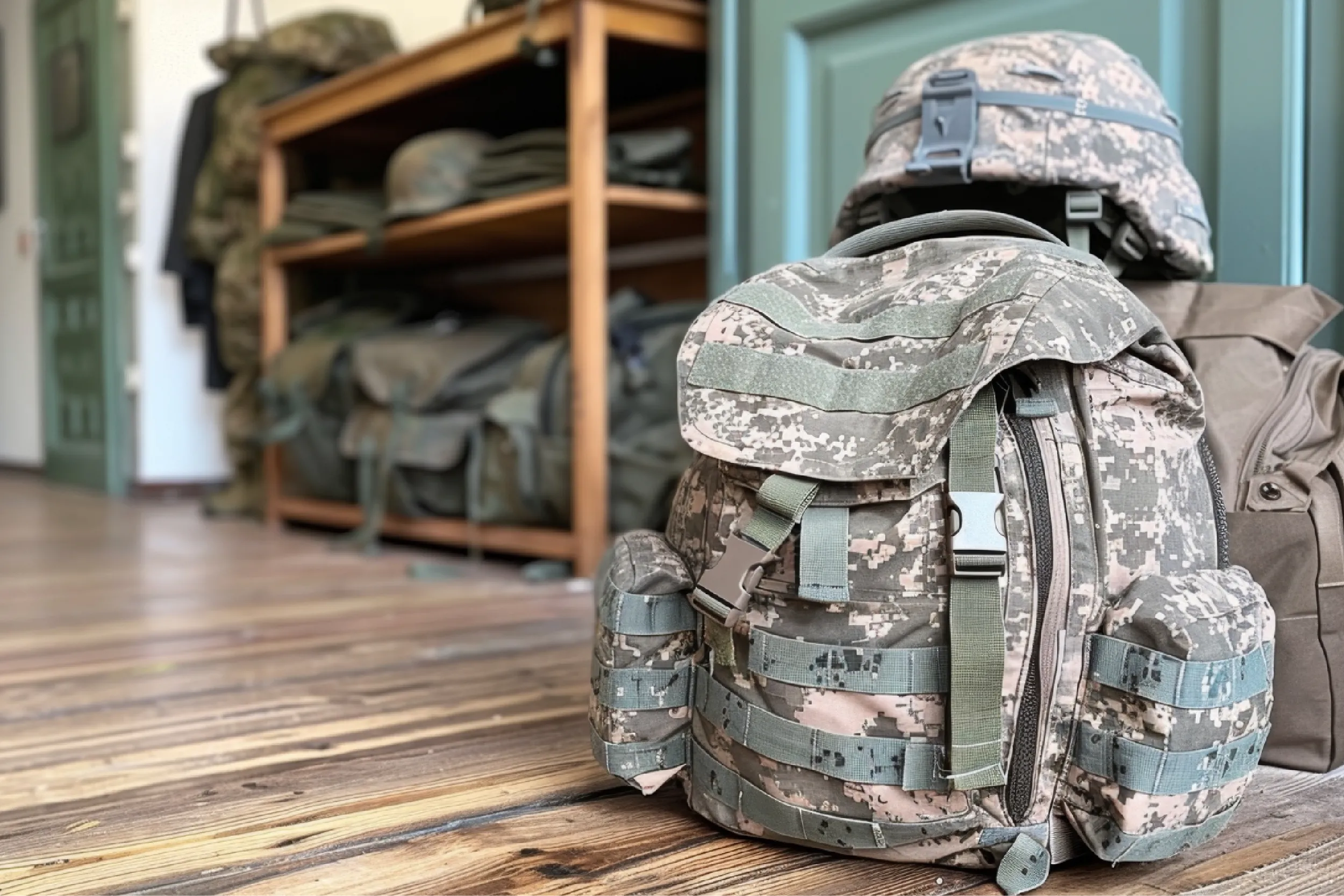 Close-up of a camouflaged tactical backpack on a wooden floor, with military gear and shelves in the background.