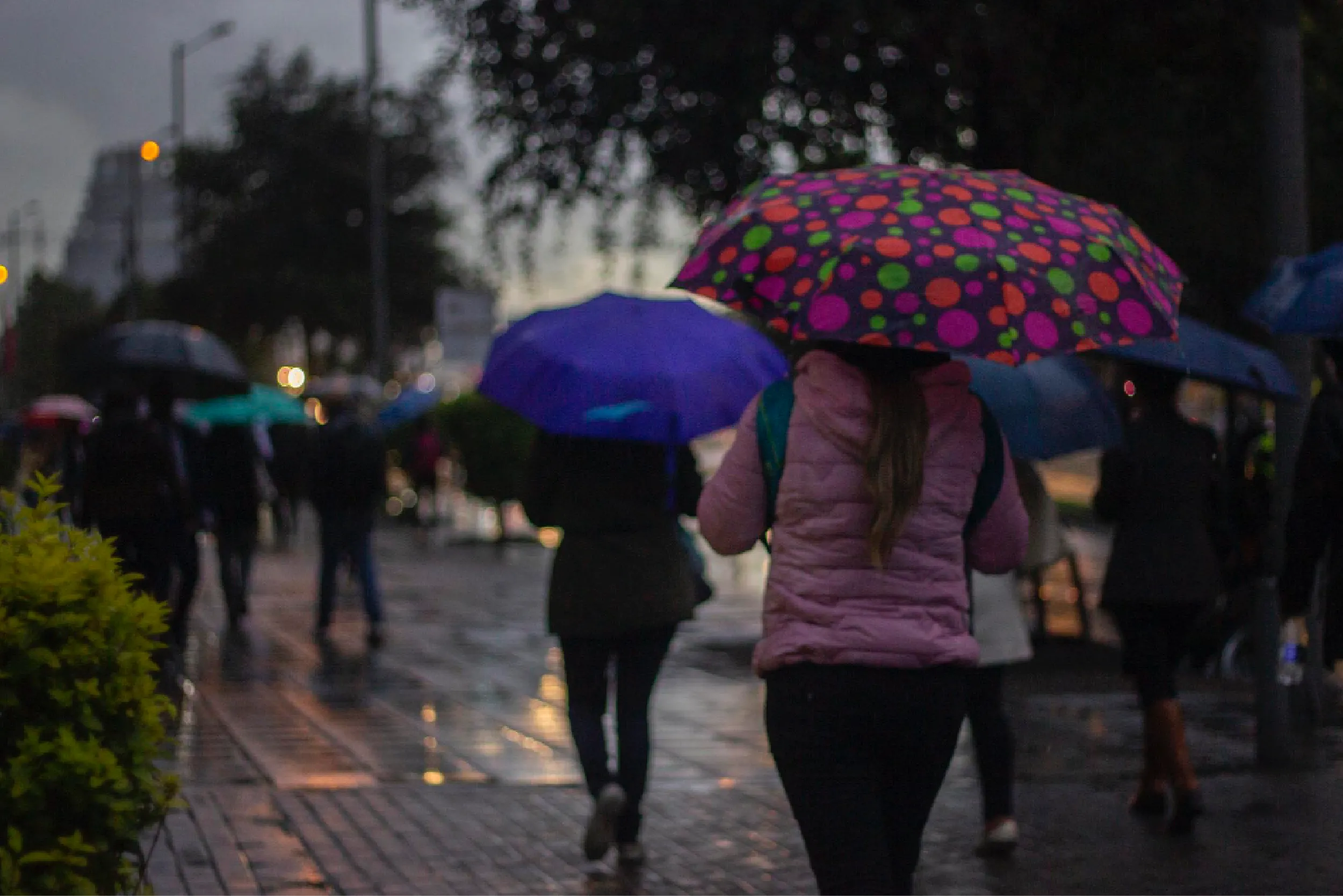 People walking on a wet city sidewalk at dusk, one person holds a bright polka-dot umbrella in the foreground.