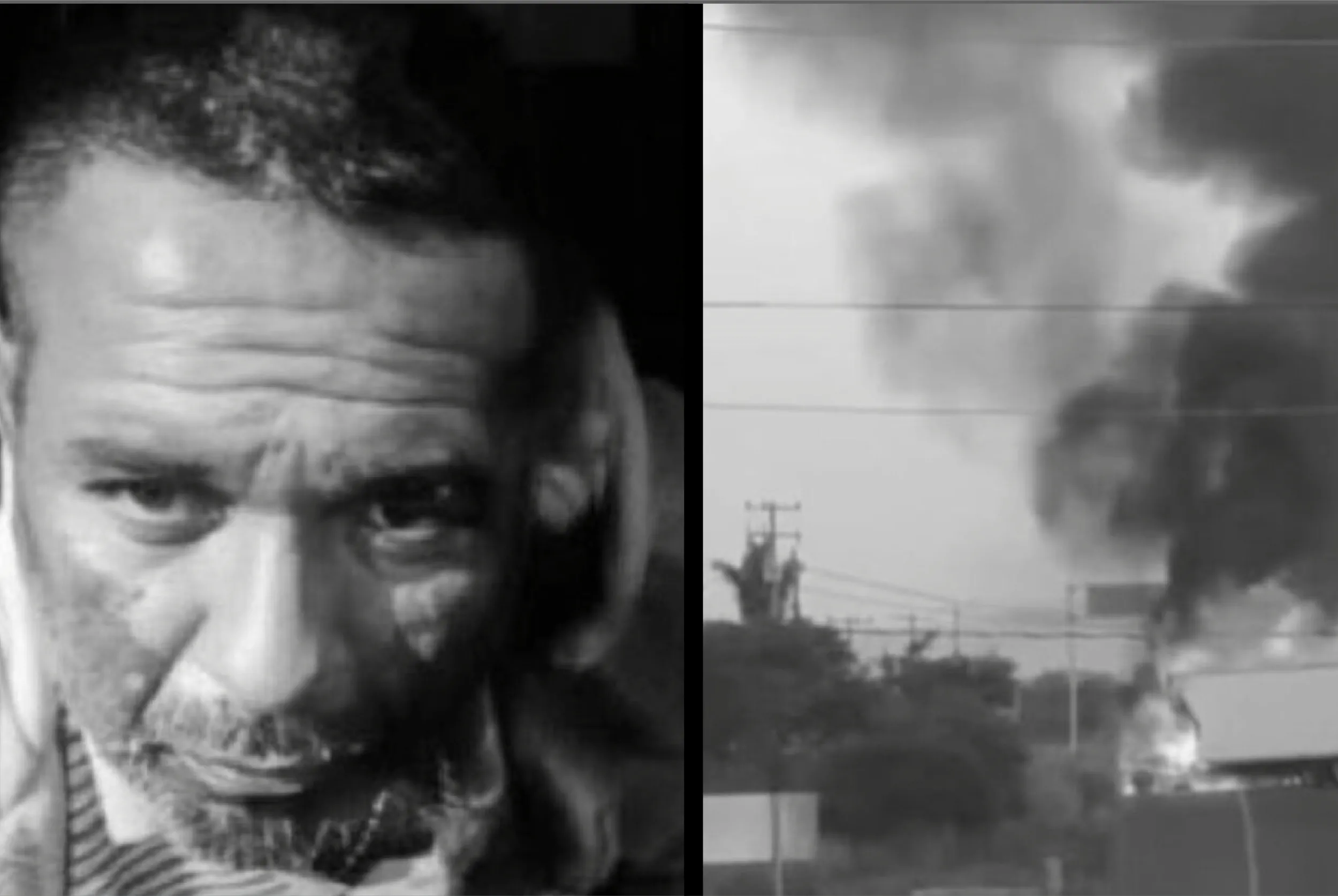 Diptych in black and white: left panel shows a close-up of a bearded man’s face; right panel shows a blurry urban scene with power lines.