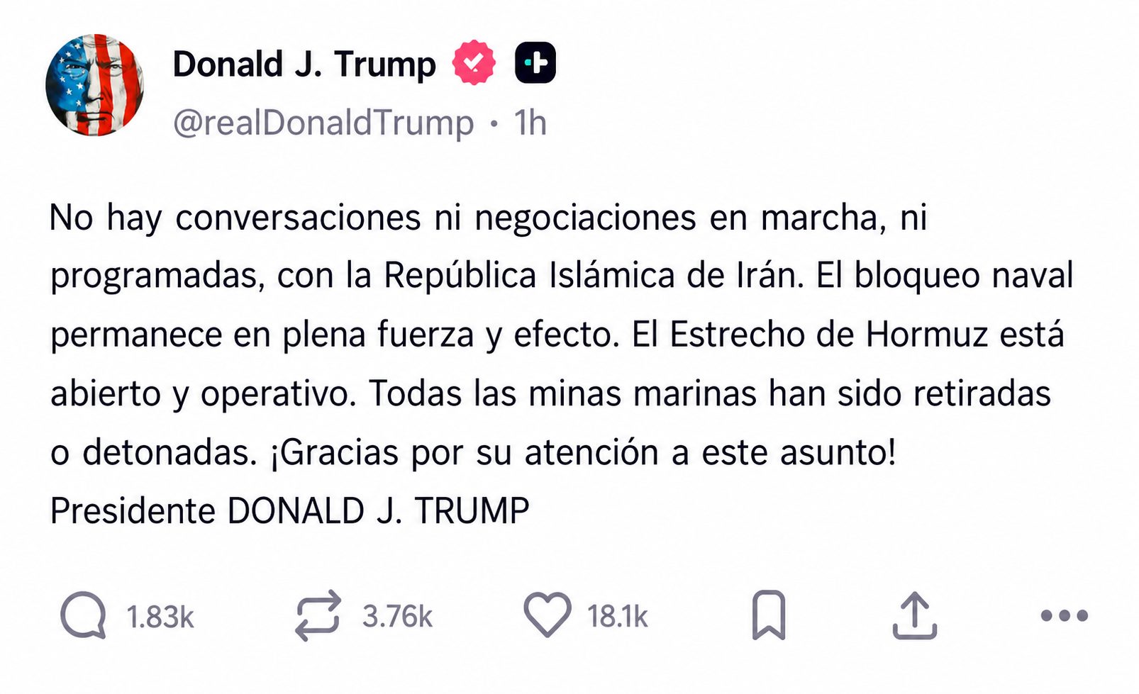 Trump niega negociaciones con Irán.