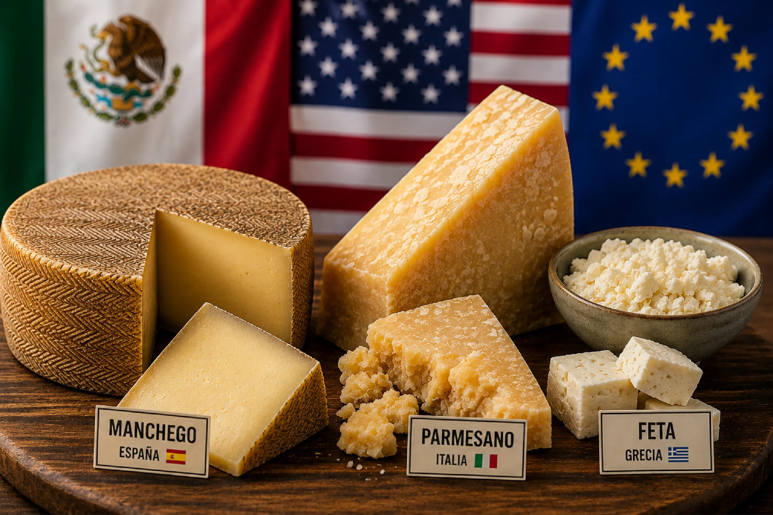 Quesos manchego y parmesano en disputa comercial entre México y Estados Unidos.
