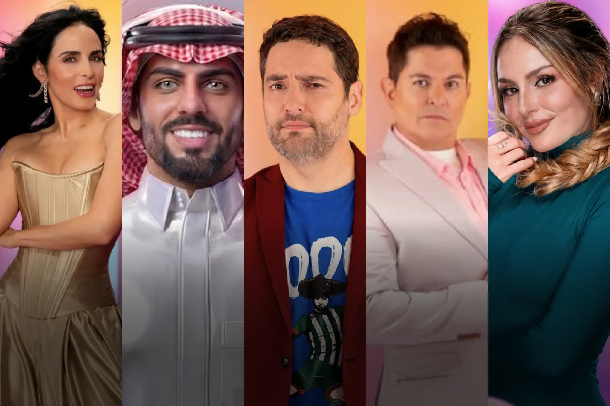 Collage of six adults in fashion-forward poses on colorful backdrops, representing a diverse group (left to right: woman in gold dress, man in traditional attire, man with beard, man in pink scarf, man in teal shirt, woman in teal with braided hair).