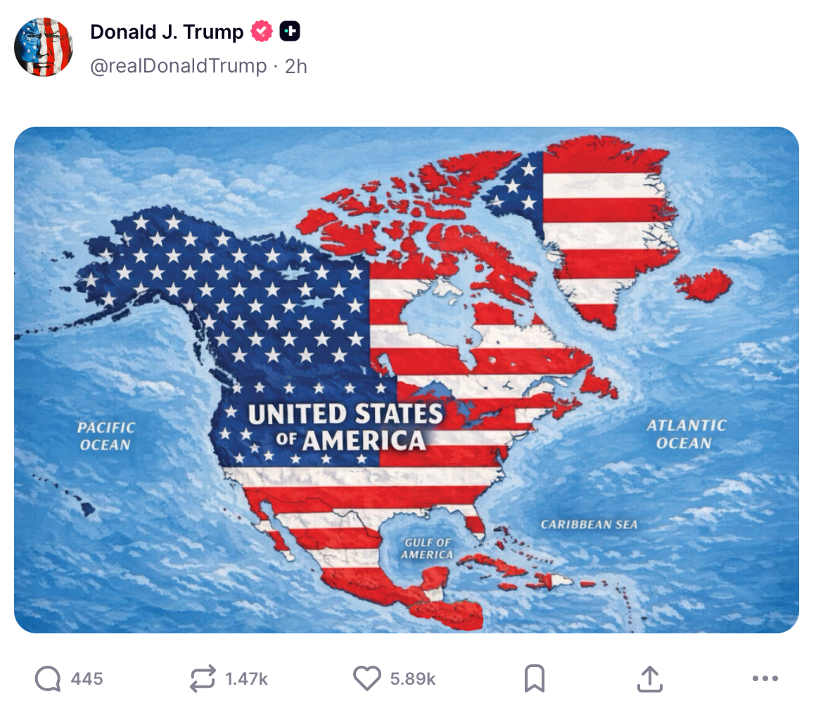 Trump publica mapa donde México aparece bajo la bandera de Estados Unidos.