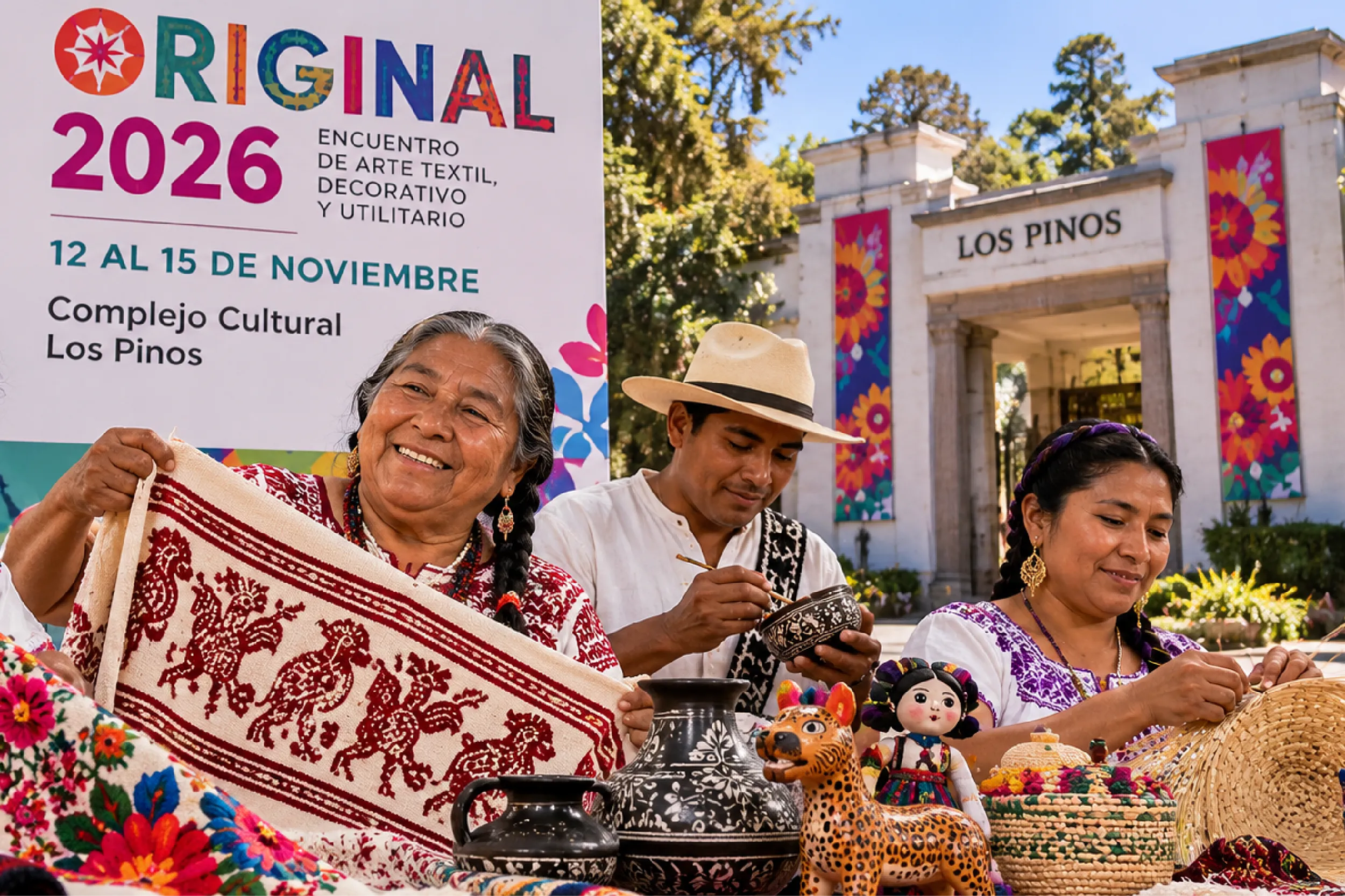 Artesanas y artesanos presentan textiles tradicionales en ORIGINAL, en el Complejo Cultural Los Pinos.
