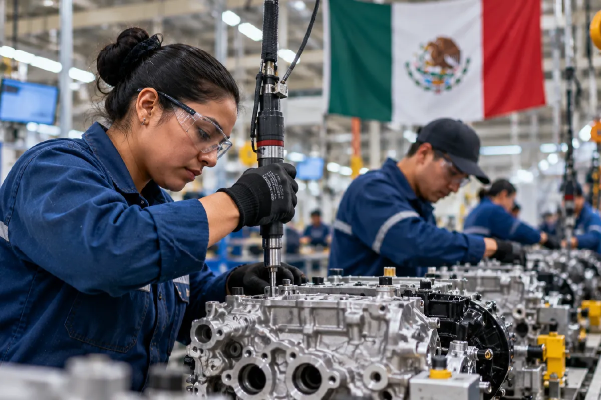 Trabajadores en una planta manufacturera de México, sector IMMEX, cuyo empleo mostró estancamiento en agosto de 2026.